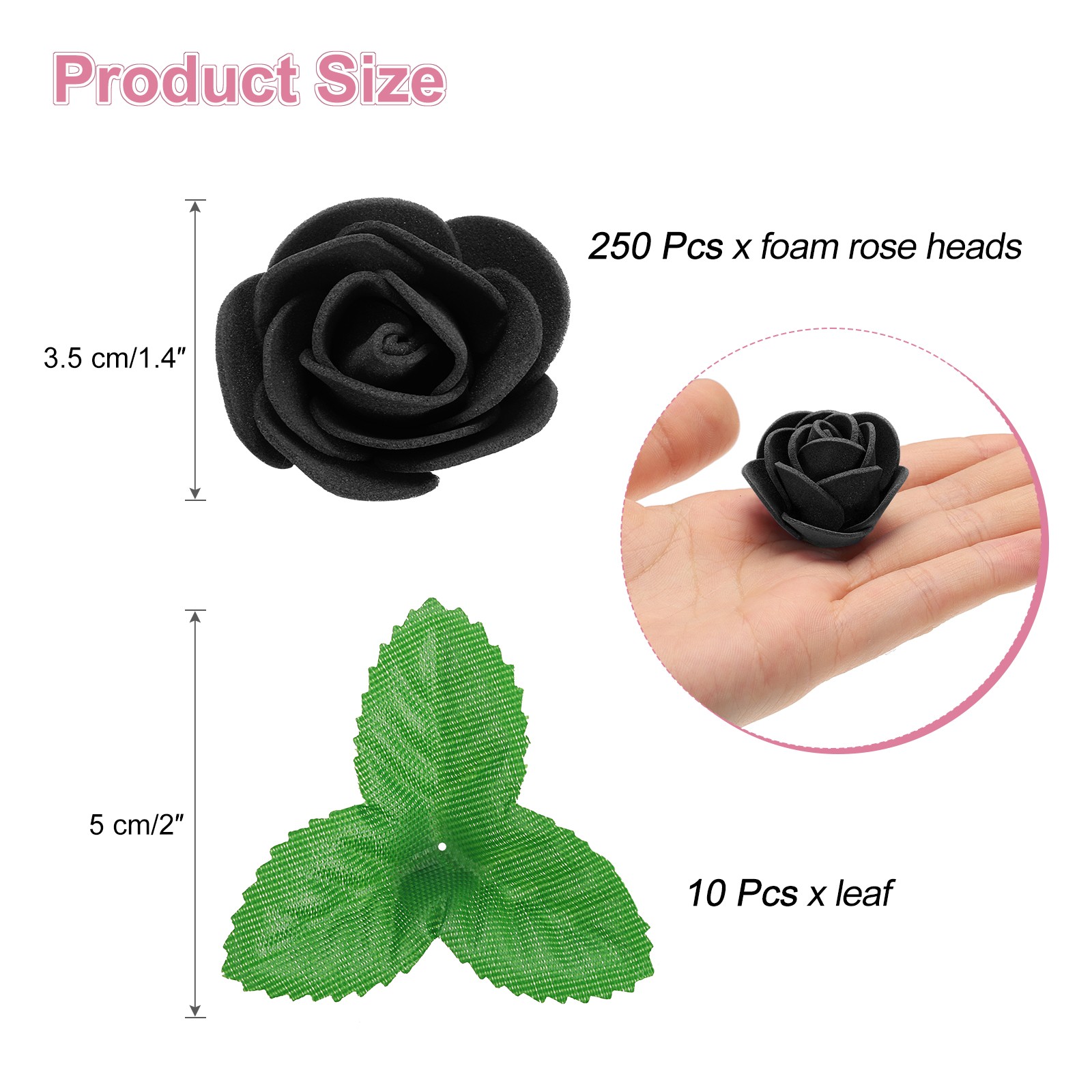 250pcs Foam Rose Heads 1.4 Inch with 10pcs Leaves for DIY Crafts , Black