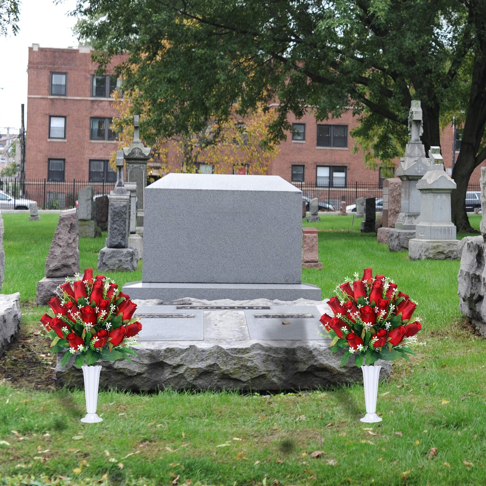 Artificial Cemetery Flowers,Set of 2 Grave Decorations Roses, Tombstone Memorial