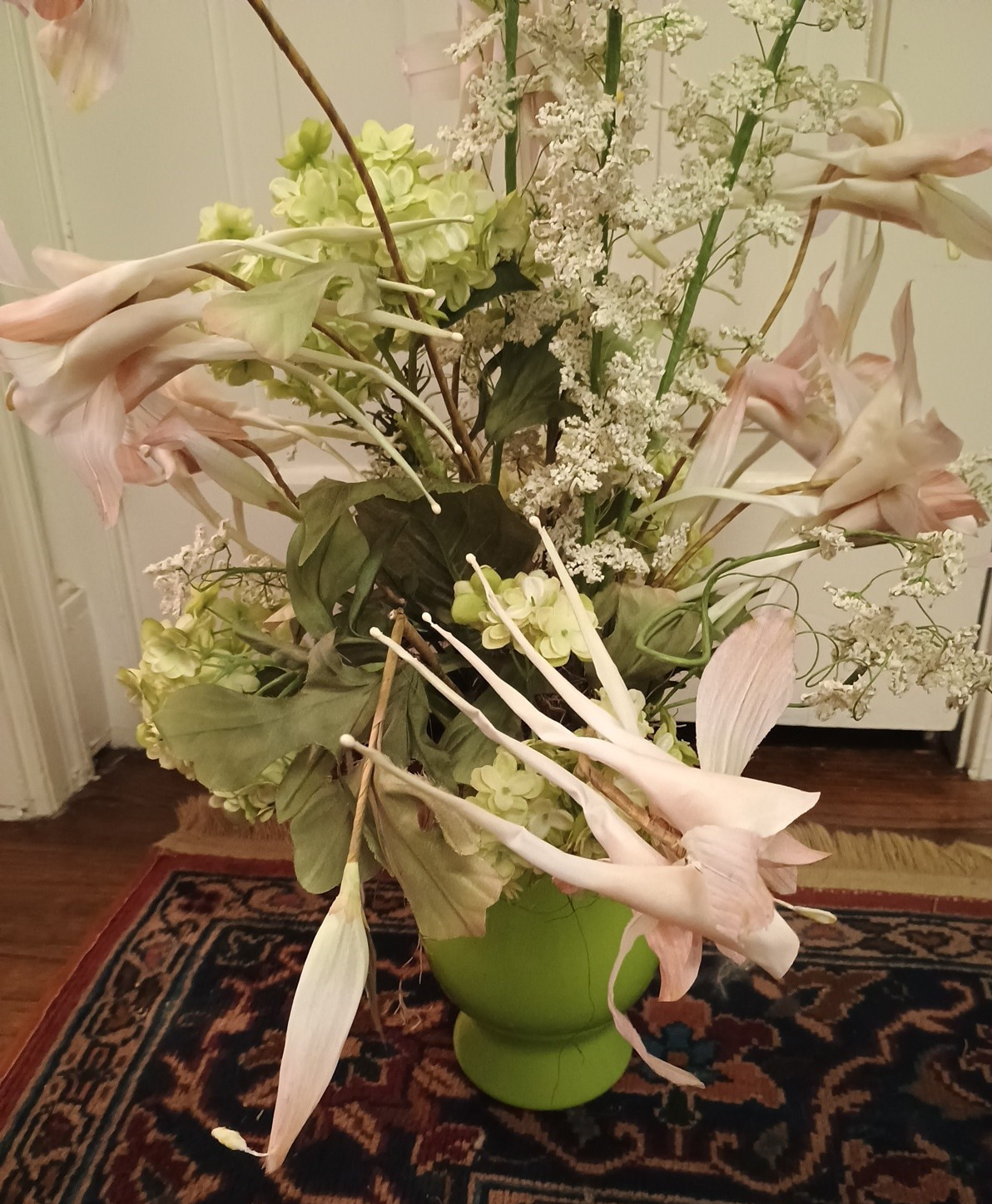Pink Lily Delphinium Hydrangea Faux Silk Flower Arrangement Floral Green Vase