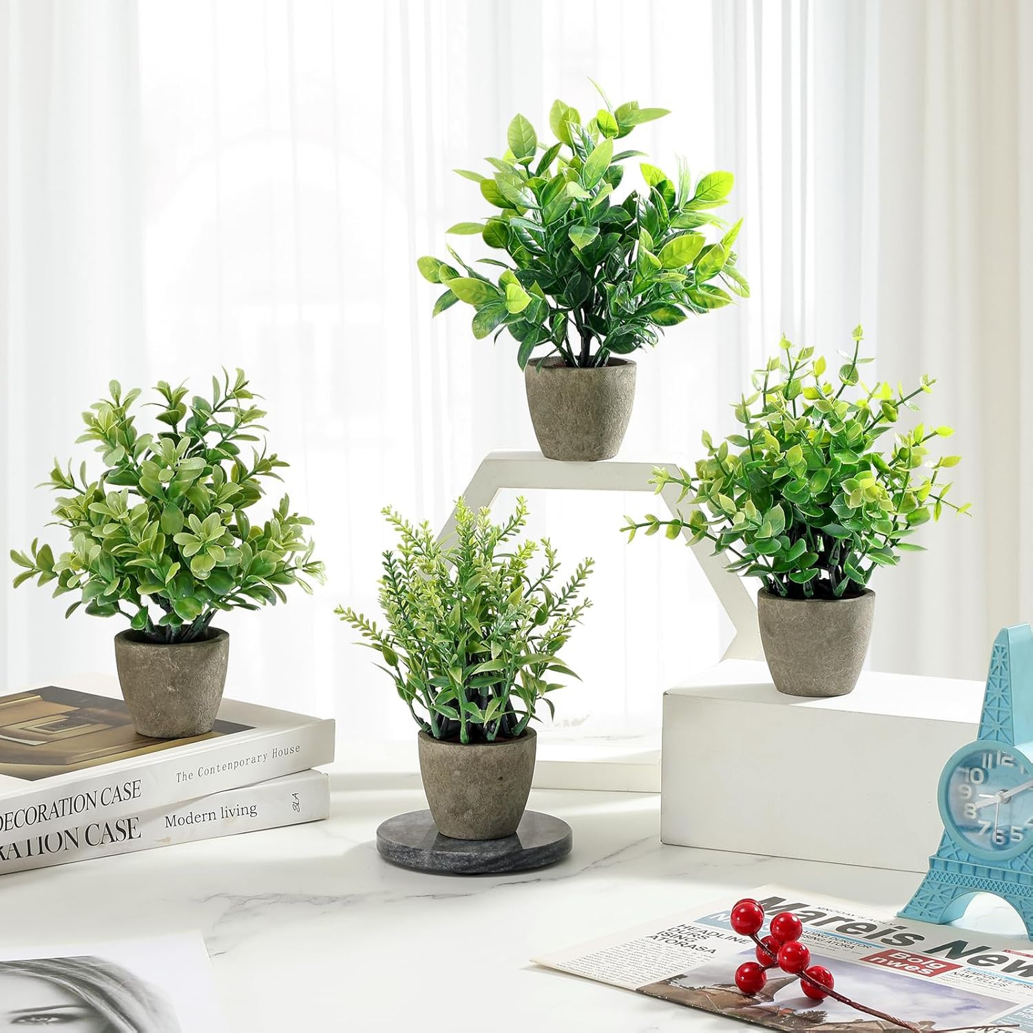 4 Pack Fake Plants Ceramic Mini Artificial Greenery Potted Plants | Applicable t