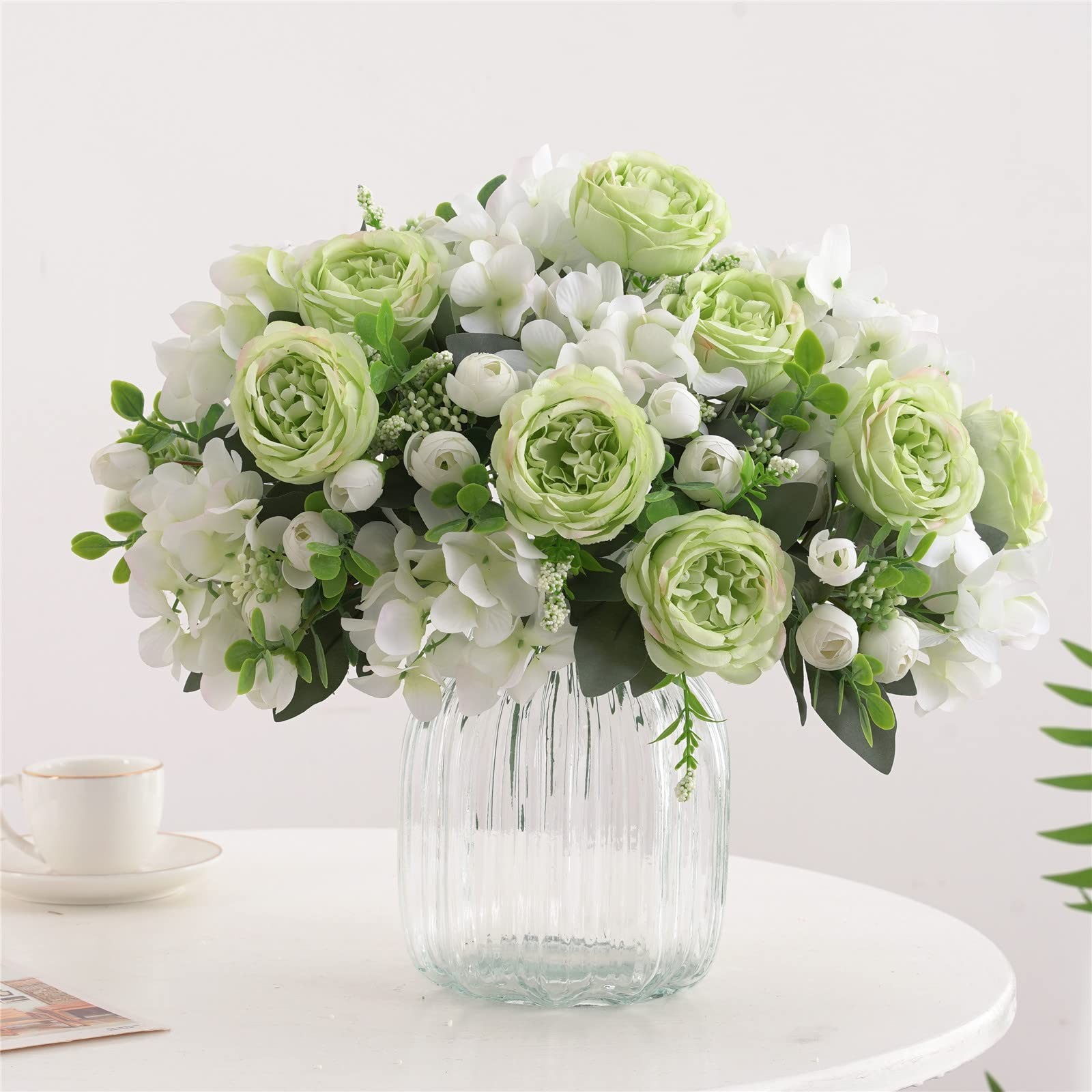 4 PCS Green Peony Artificial Flowers Faux Rose Silk Bouquet Table Centerpiece
