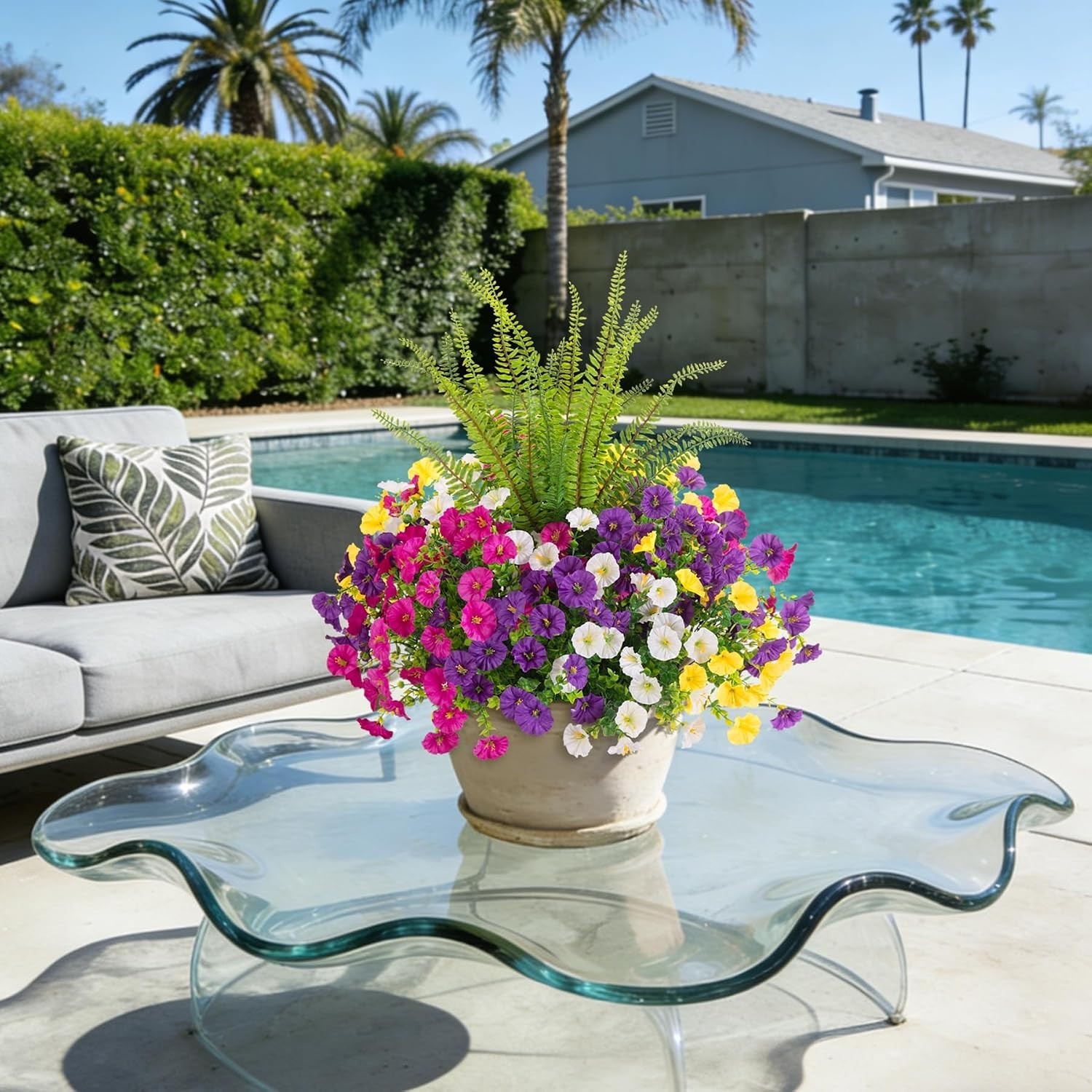 Versatile Fake Flower Set: 12 Morning Glory Bundles & Boston Fern for Outdoors