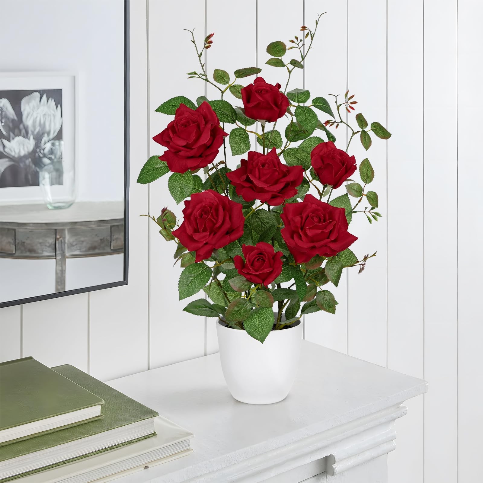 Red Fake Roses Artificial Flowers in Pot 23.6″ Small Roses Tree Indoor Outdoo…