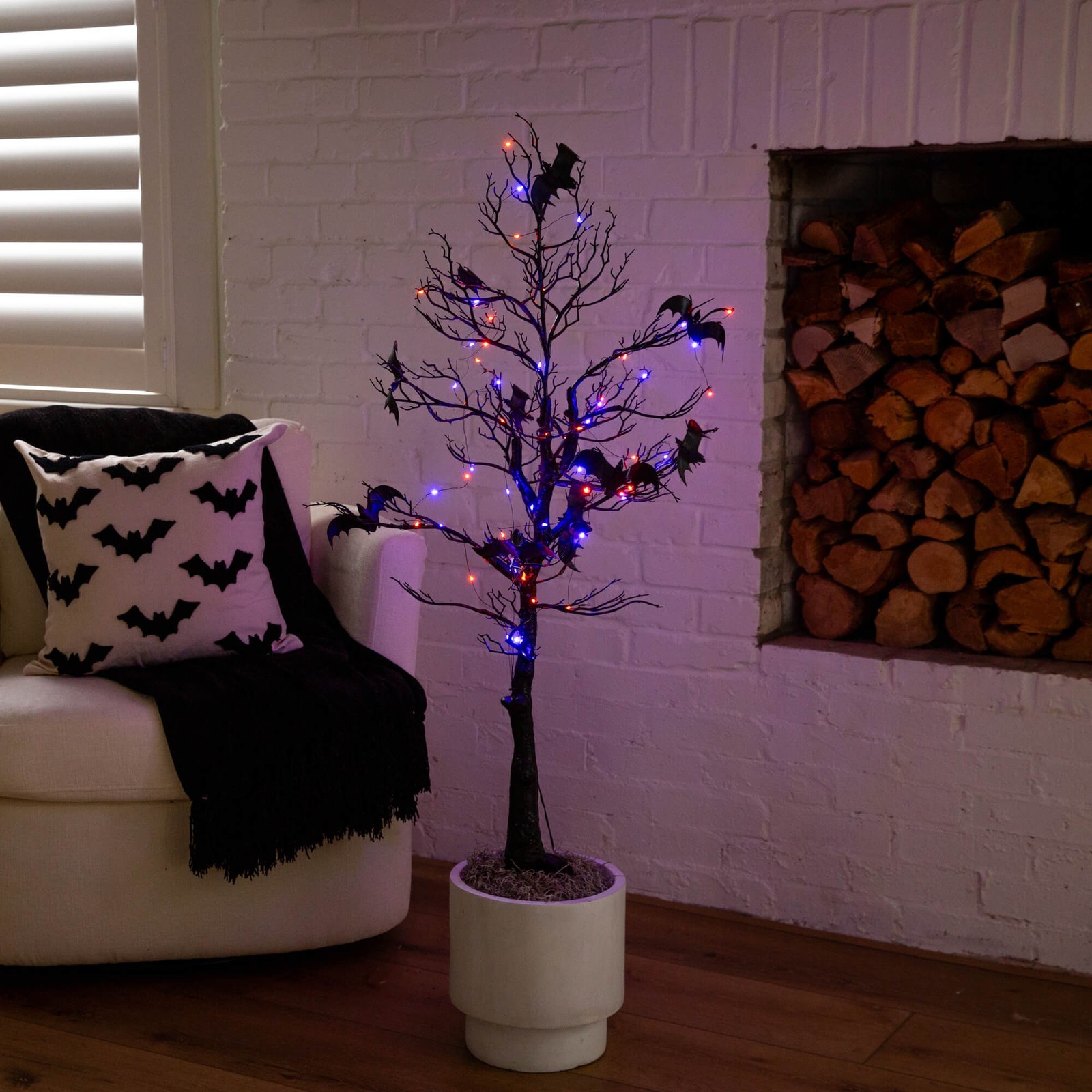 Nearly Natural 4ft Pre-Lit Halloween Black Spooky Twig Tree w/ Bats & 120 LED