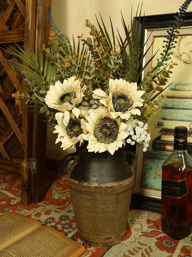 7PCS White Sunflowers Artificial Flowers, Fake Silk Sunflower with Stem Vinta…