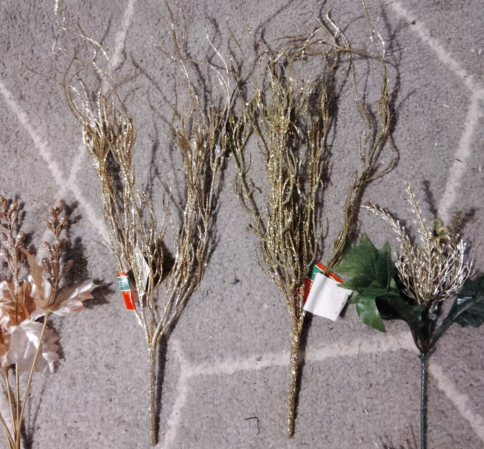 21 Faux Glitter Gold Branches, Flowers, Balls, Artificial Antler, Trees