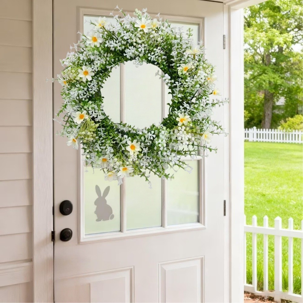 Plastic Spring Wreath White Eucalyptus Floral Decor for Door or Wall Mount
