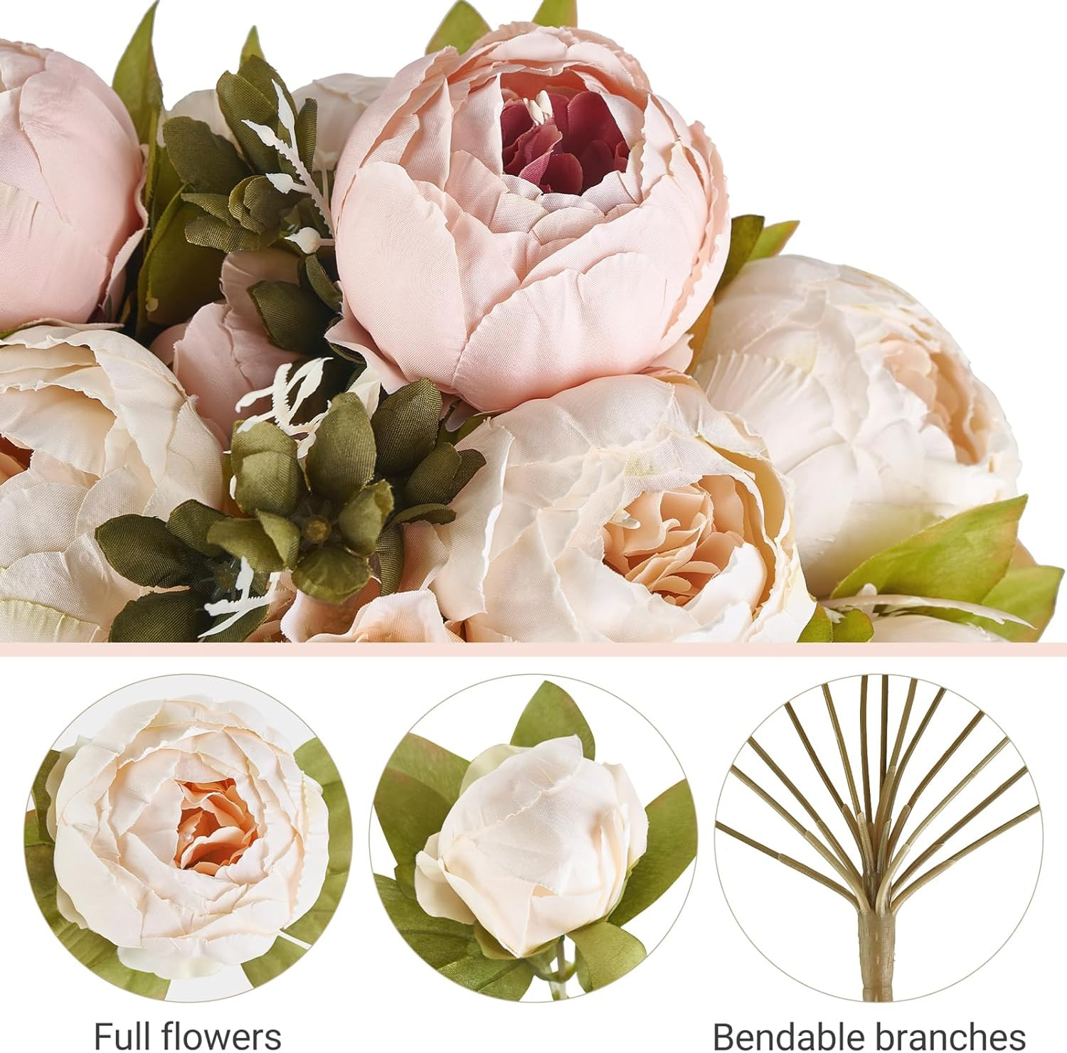 26 Stems Artificial Peony Flowers Faux Silk Bouquet Light Pink Wedding Party