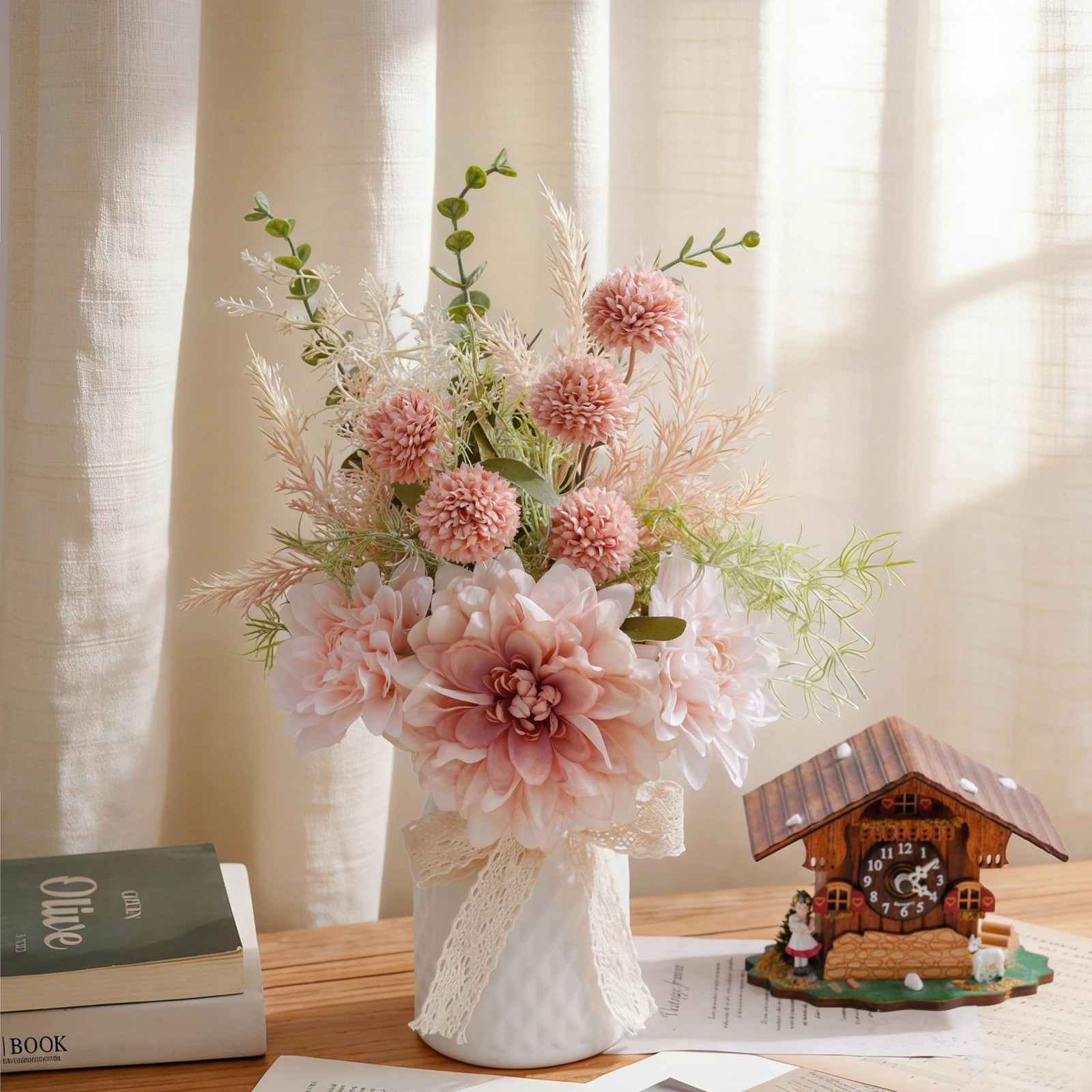 Artificial Flowers with Ceramic Vase Centerpieces – Spring Silk Pink Flower A…