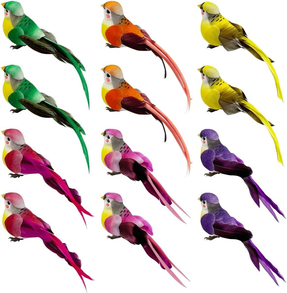 12pcs Assorted Artificial Birds Clip on Ornaments 6-inch Simulated Foam Feath…