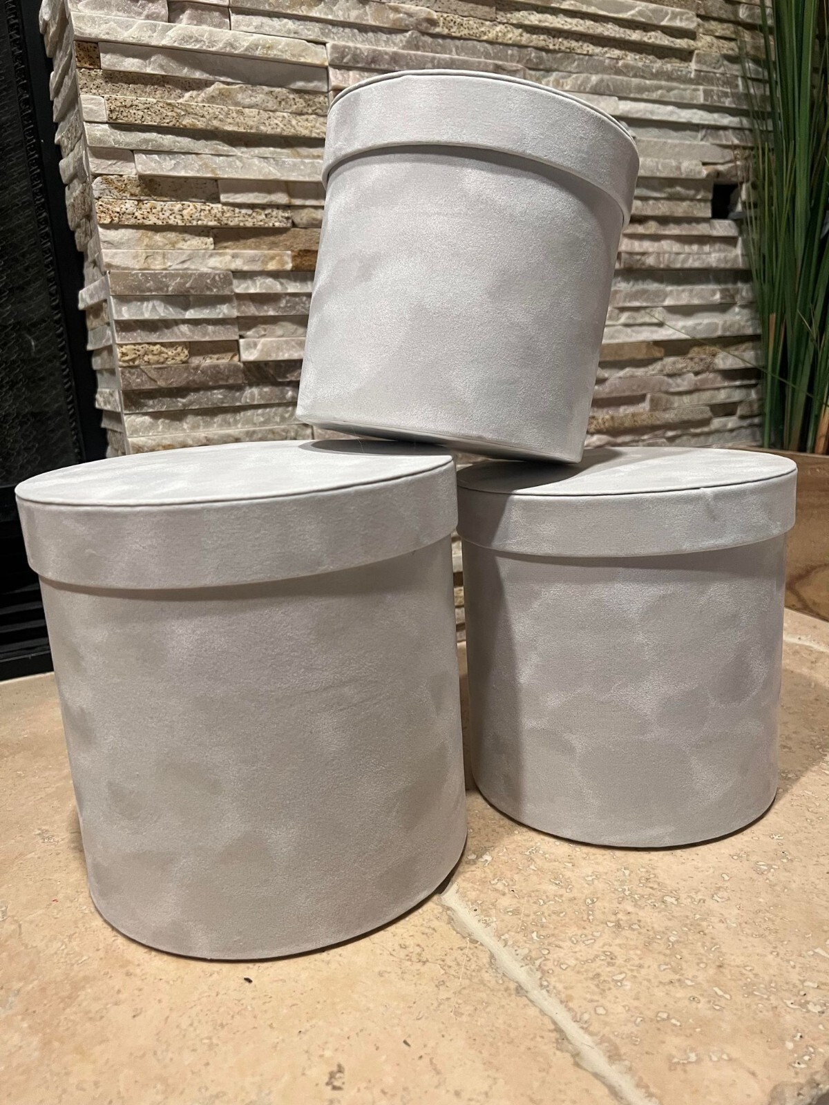 Cylinder round velvet Flower Box, Set of 3 pcs, with Lids