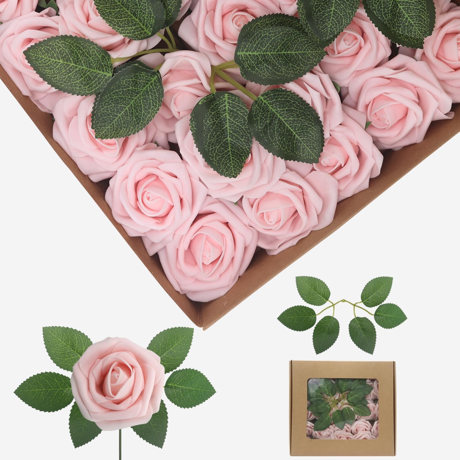 100 PCS Light Pink Real Looking Foam Artificial Fake Roses Wedding Bouquet