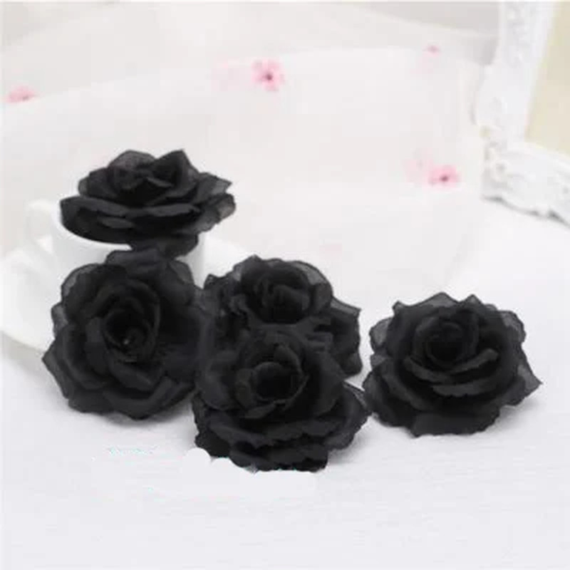 10Pcs Black Silk Rose Flower Heads for Wedding Decor – 8Cm