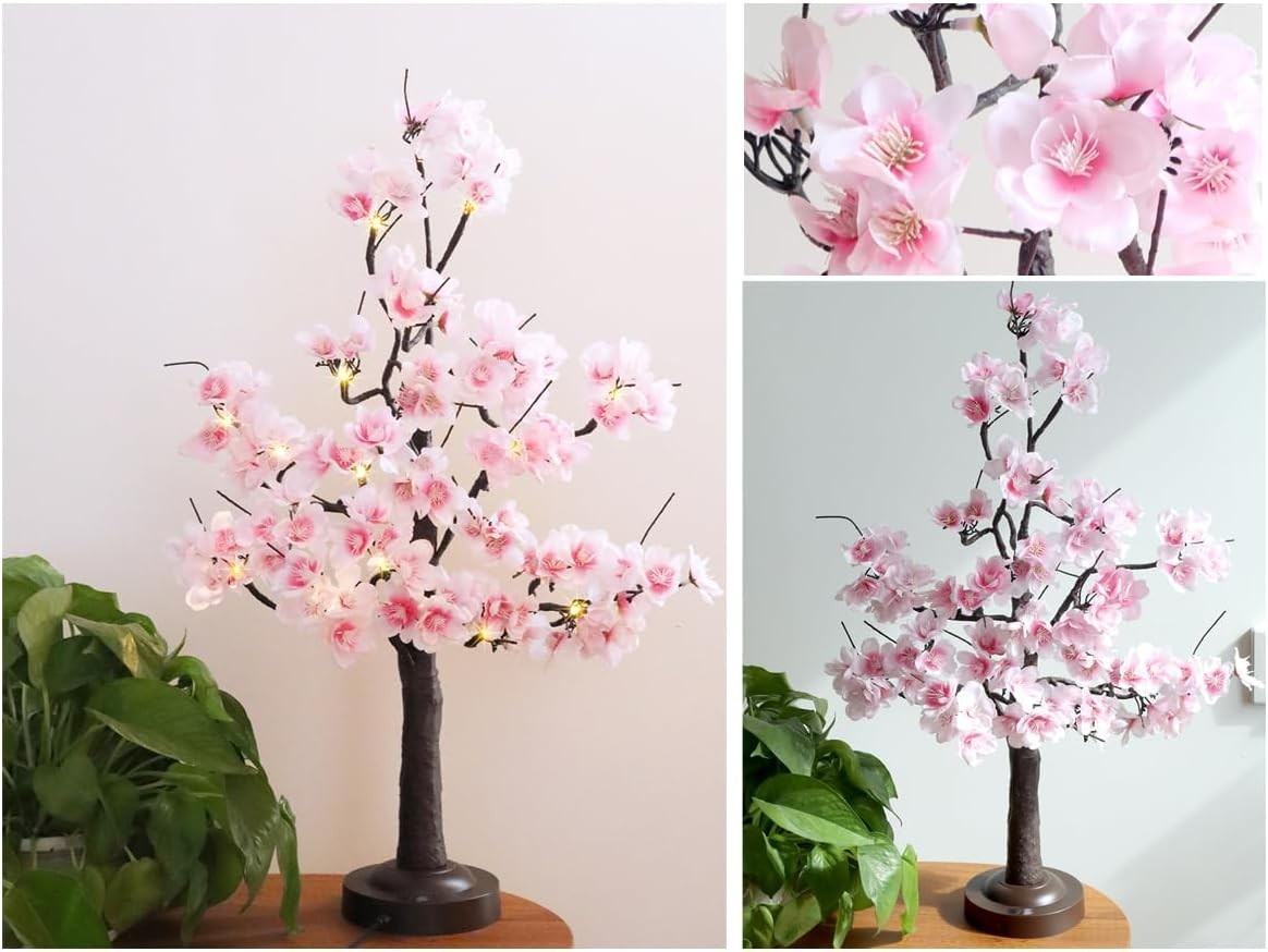 18 Inch Cherry Blossom Tree with Timer, Warm White Tabletop Spring Bonsai Tre…