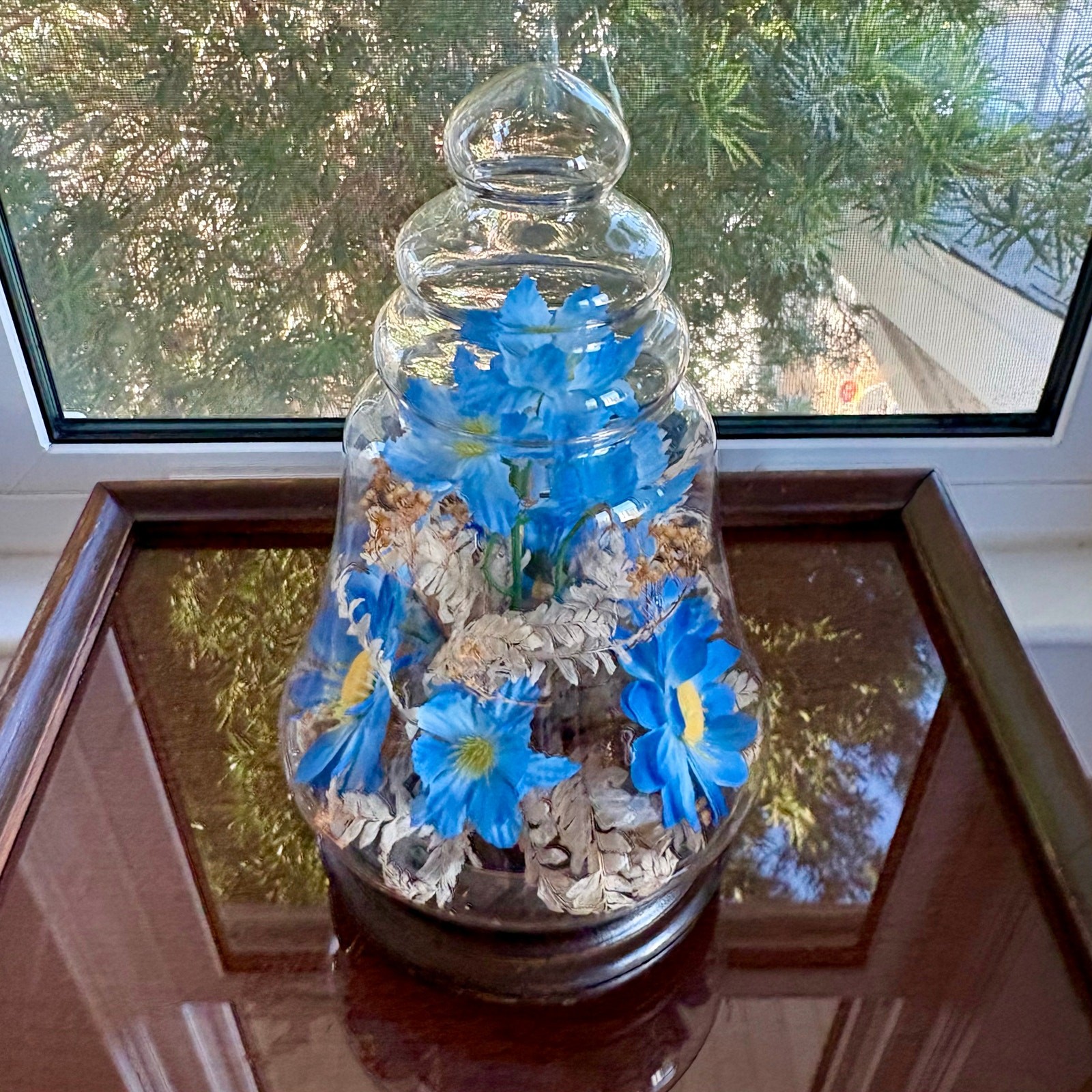 Vintage Glass Bell Jar Dome with Blue Floral Arrangement on Wood Base