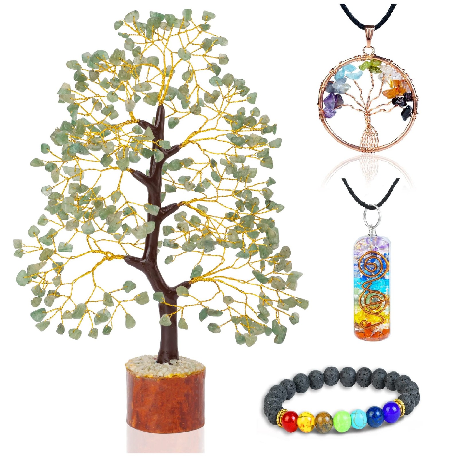 ® Green Jade Crystal Tree of Life with Bracelet & 2 Pendants Feng Shui Gem Tr…