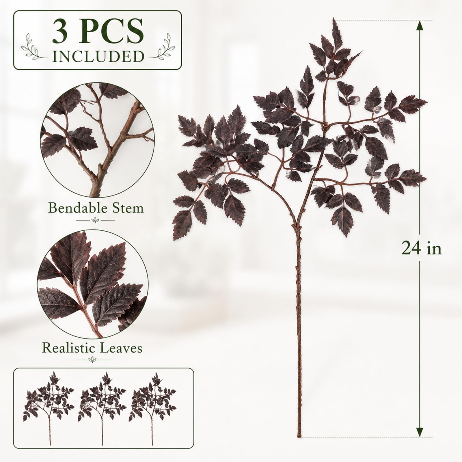 3pcs Artificial Cimicifuga Leaf Spray, 24 in Realistic Faux Plum Branches, Fa…
