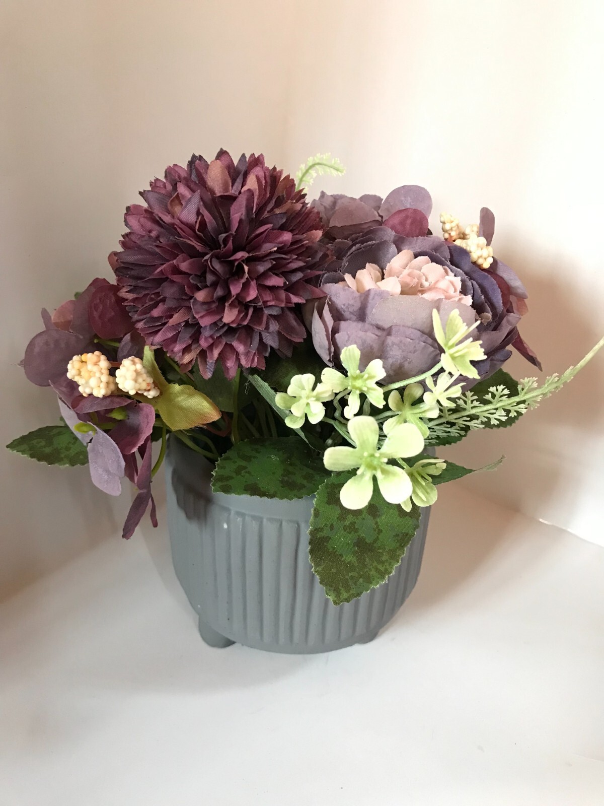 Artificial Silk Purple Hydrangea Peony Bouquet Flowers In Cement Grey Vase New