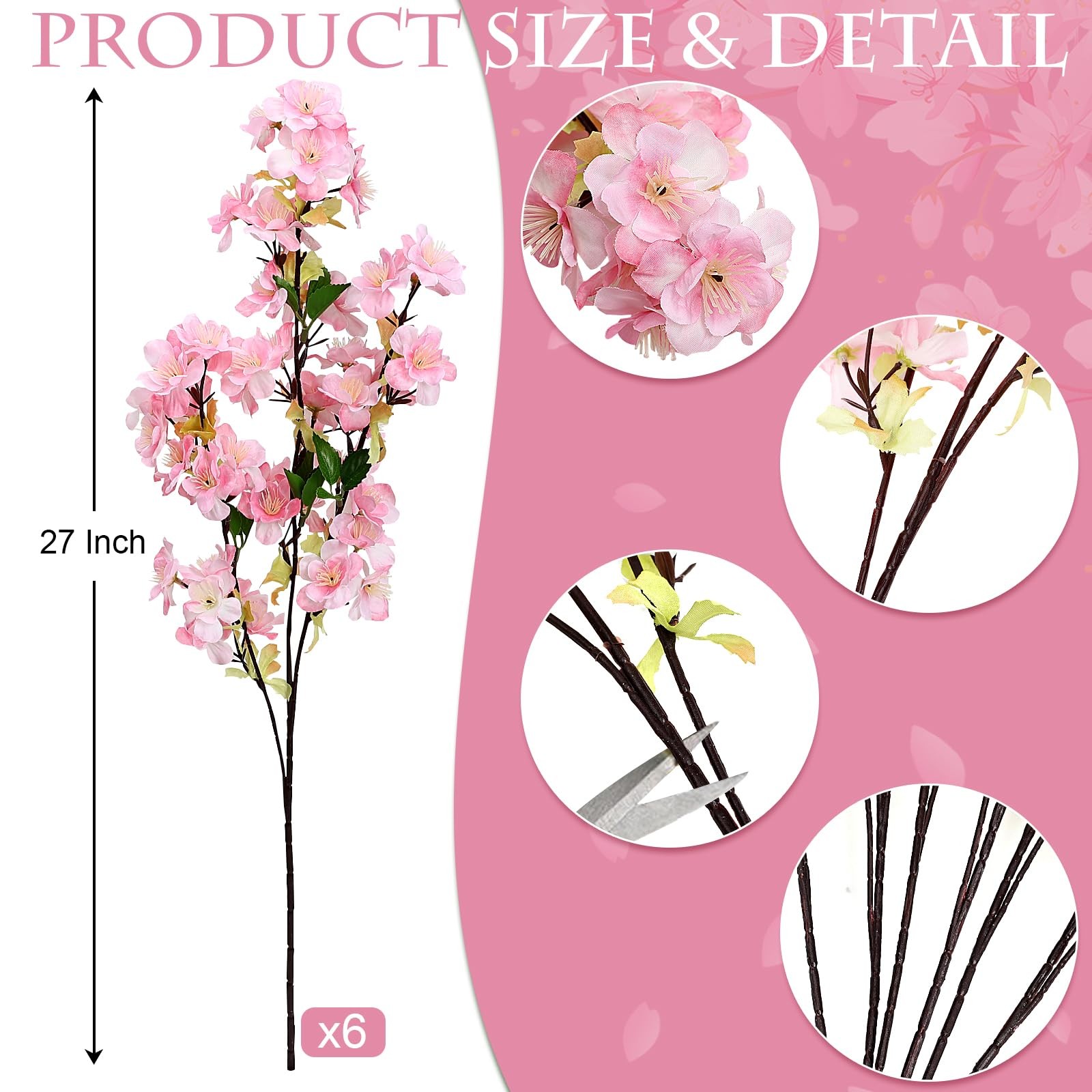 6Pcs Pink Artificial Cherry Blossom Branches for Home Decor 27’’ Faux Silk Lo…
