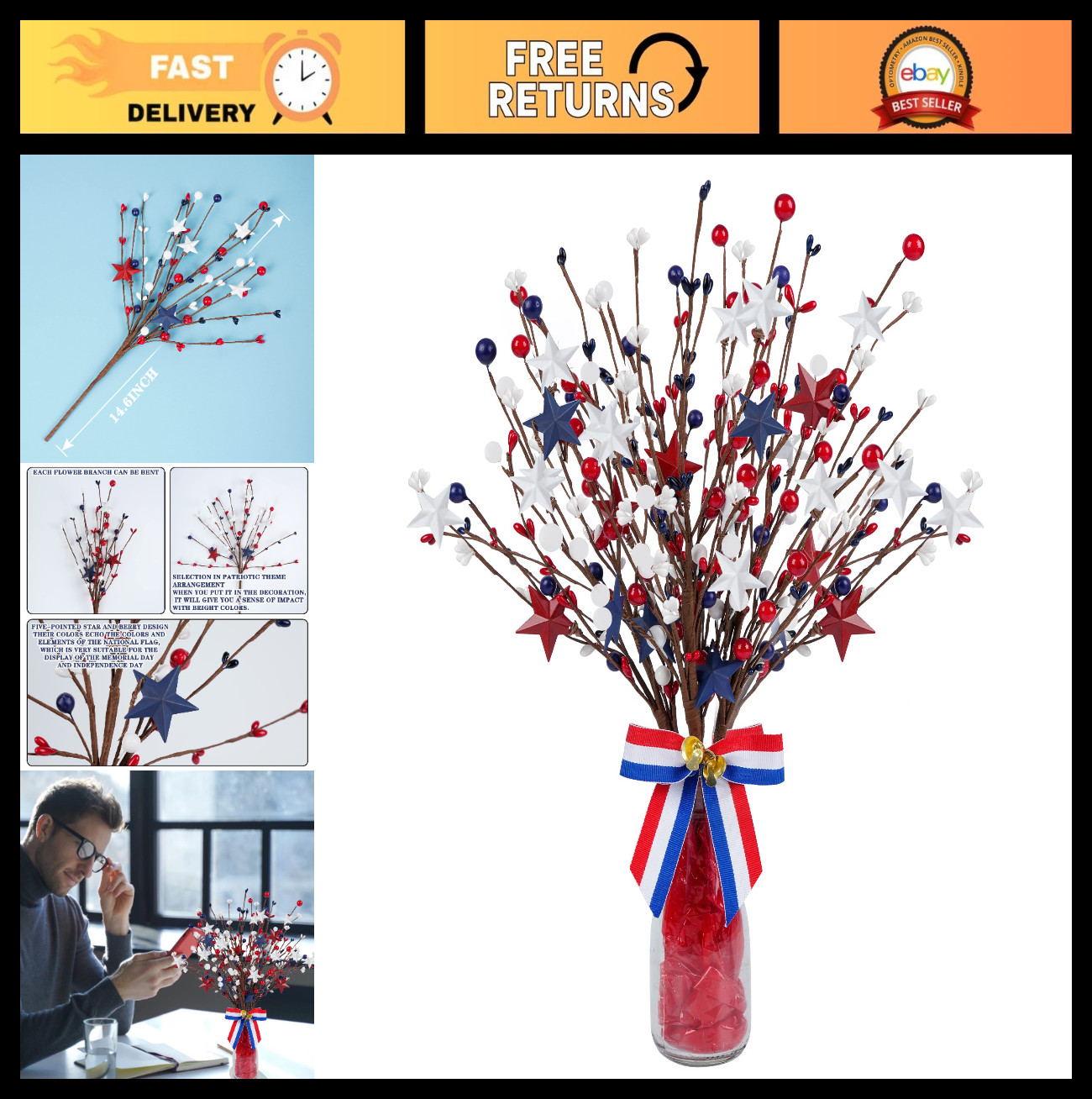 4 Pack Patriotic Berry Stem Picks – Red White Blue Stars for 4th of July Decor,