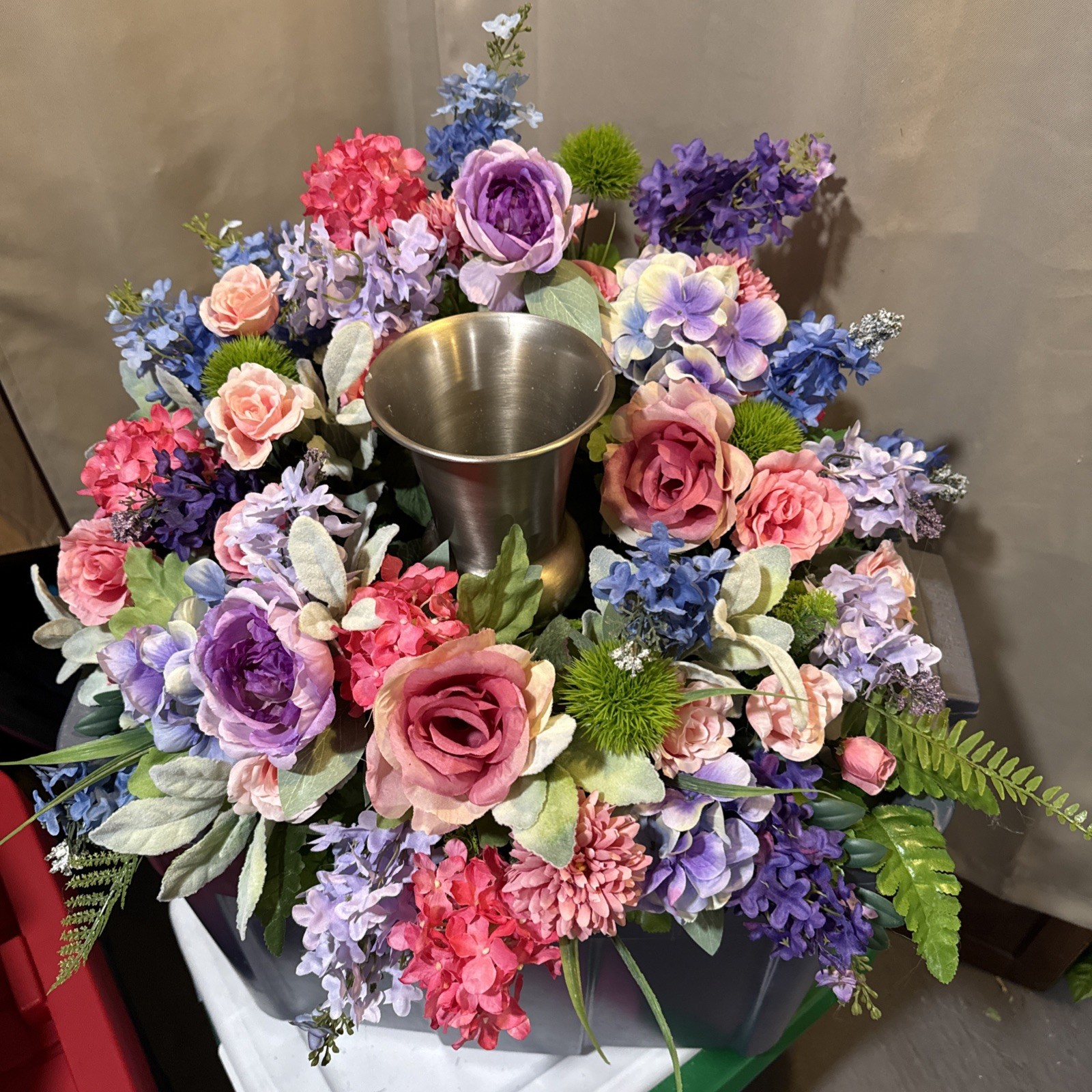 Floral Urn Ring Arrangement For Memorial Service 24” Round flowers Pinks, Blues