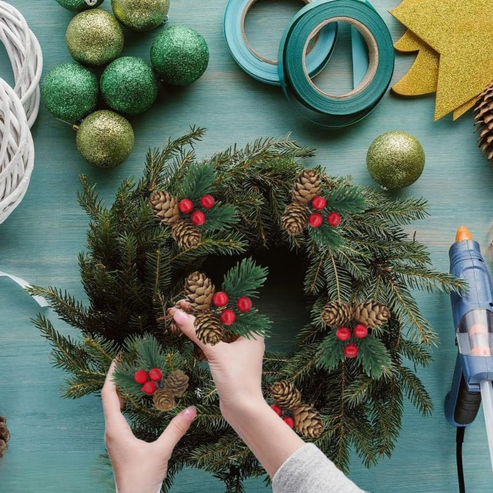 Christmas Floral Picks, 50Pcs Pine Cone Holly Berry Stems for Crafts, Artificial