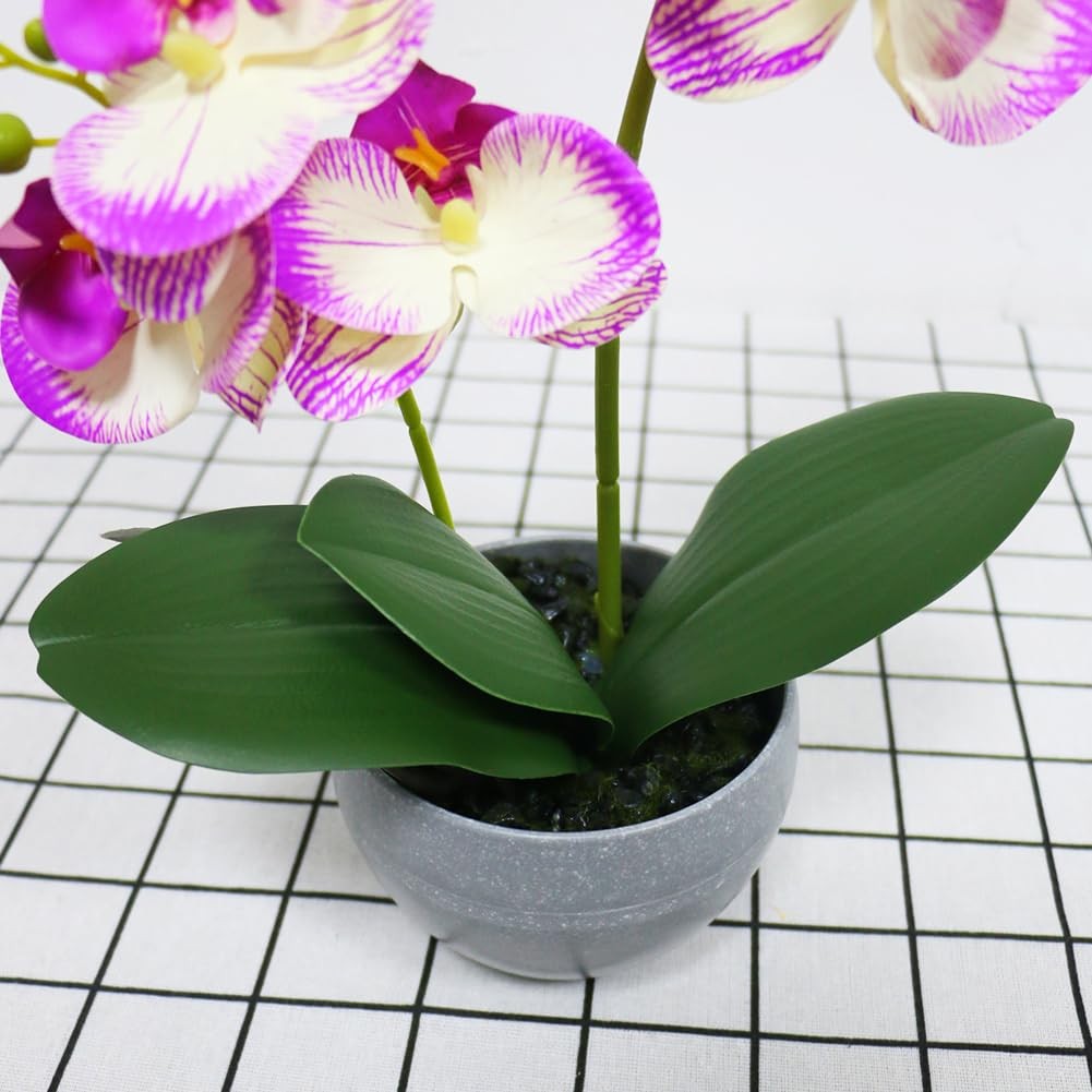 Purple Orchid Artificial Flowers 2 Stems in Grey Pot, Potted Faux Orchid Flow…