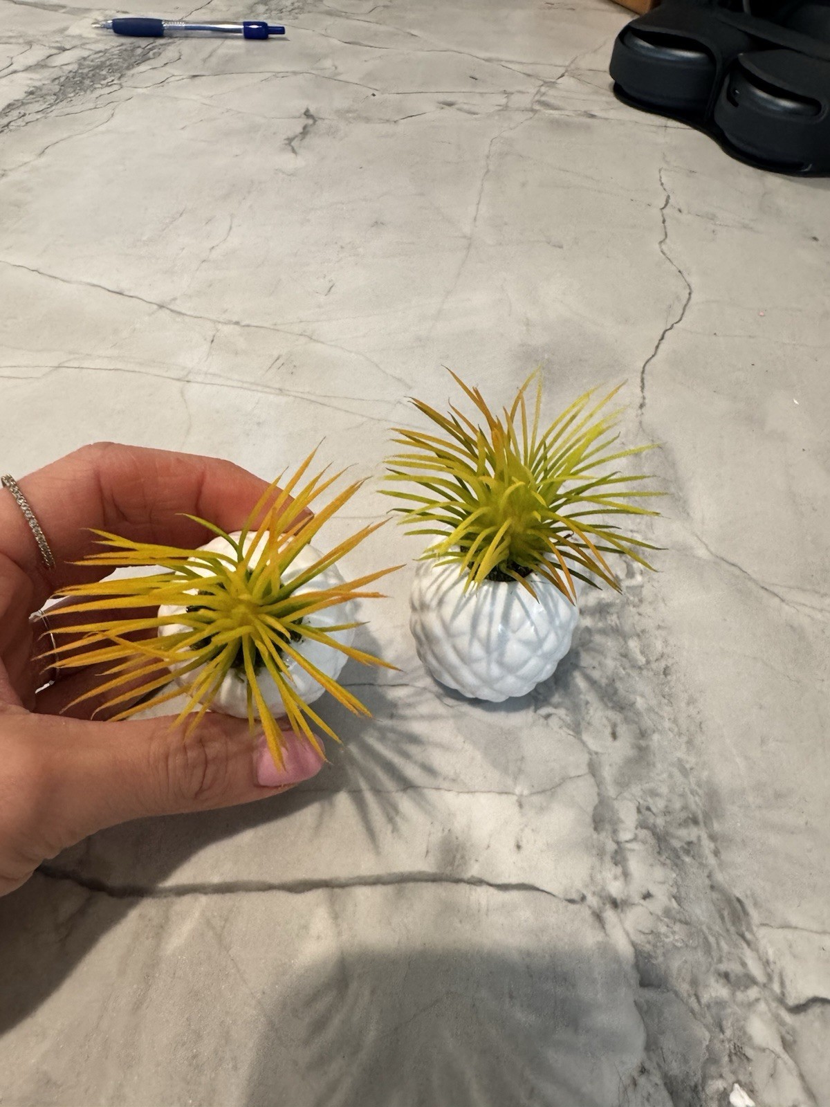Set of 2 Artificial Succulent Pineapple Planters, White Ceramic Base, Tropical