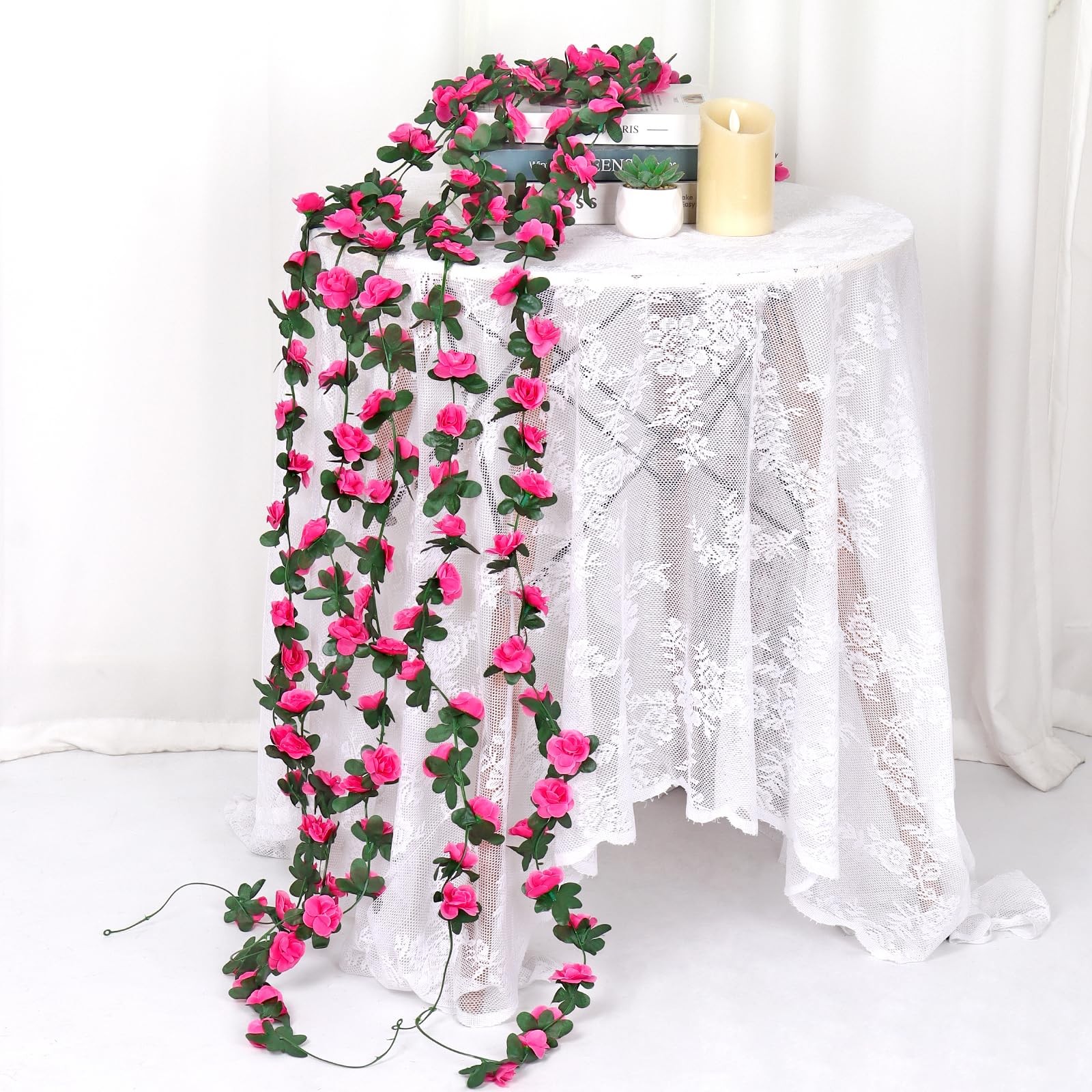 9 Pack 72 FT Artificial Flower Garland, Pink Roses Vines Silk Flowers Faux Pl…