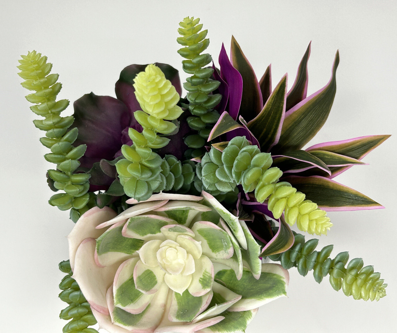 10″ Artificial Purple & White mixed Succulent Garden #11, 5″ Gray Ceramic Plant