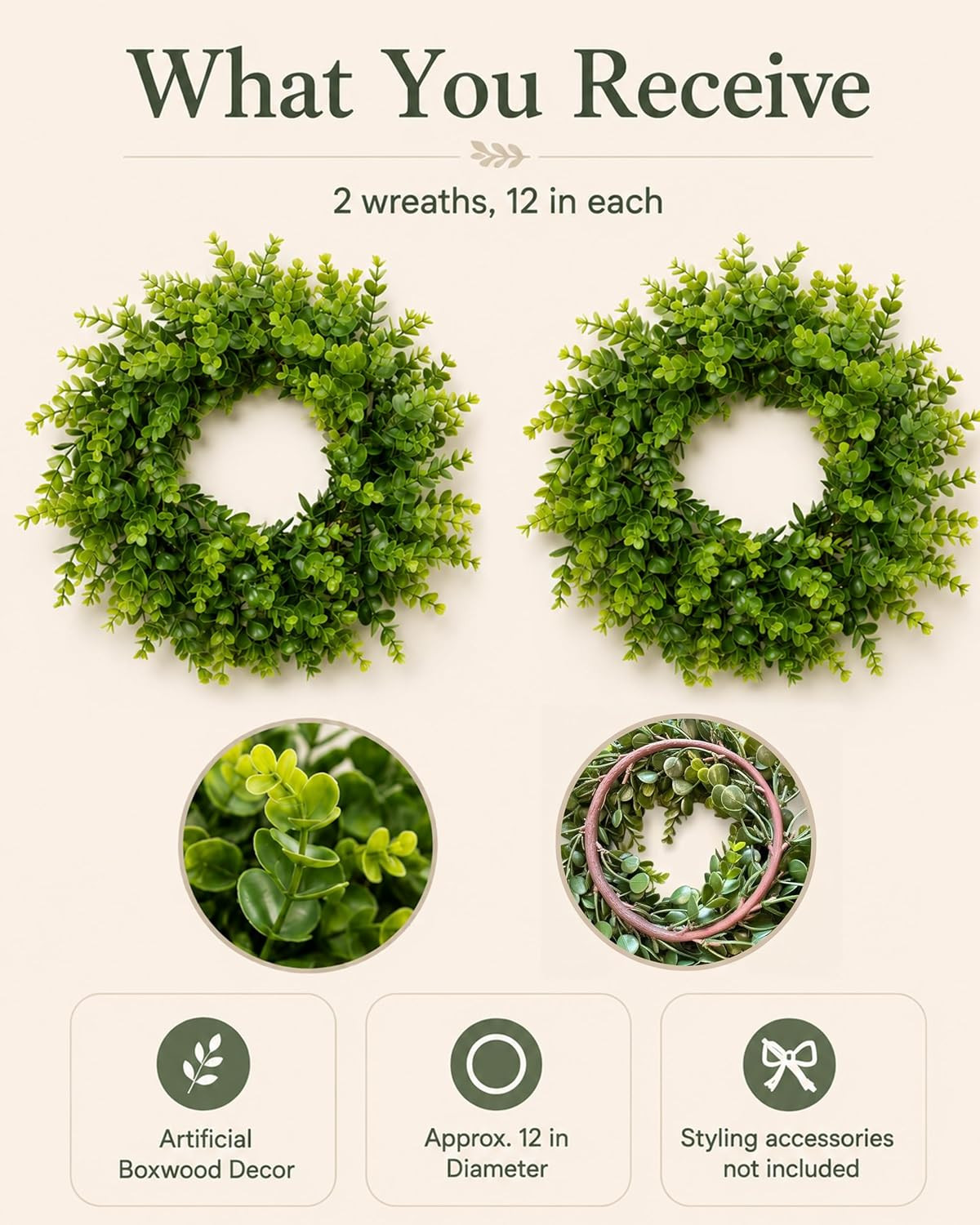 12″ Mini Boxwood Wreaths 2-Pack – Faux Greenery for Decorating | Modern Farmhous