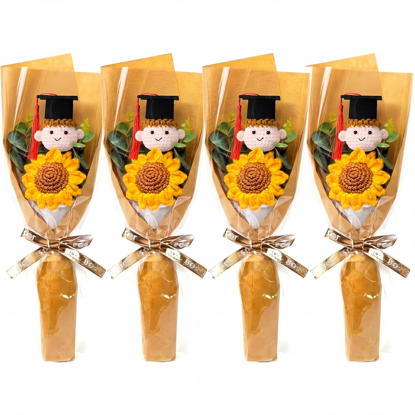 4 Set Graduation Gifts Crochet Flower Bouquet Handmade Knitted Sunflower Bouq…