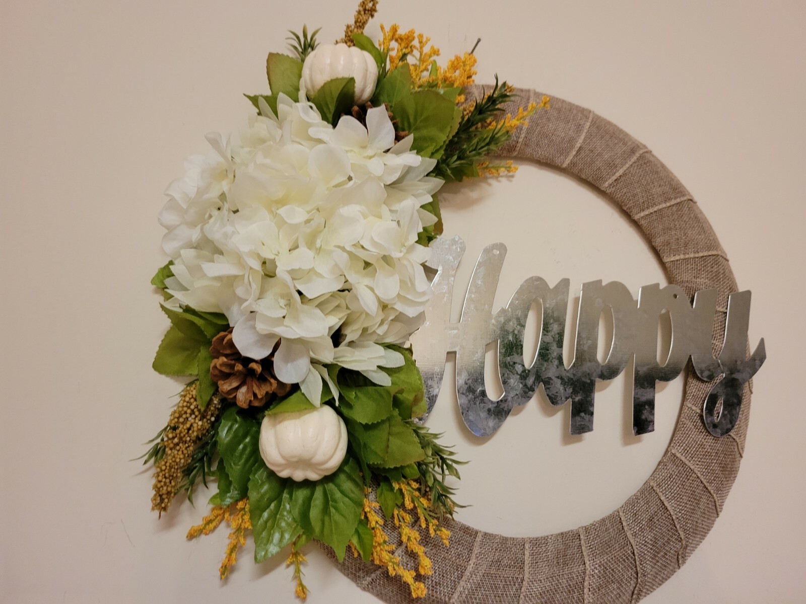 HAPPY white green sunflower Hydrangea pumpkin cone burlap WREATH FALL Decor Door