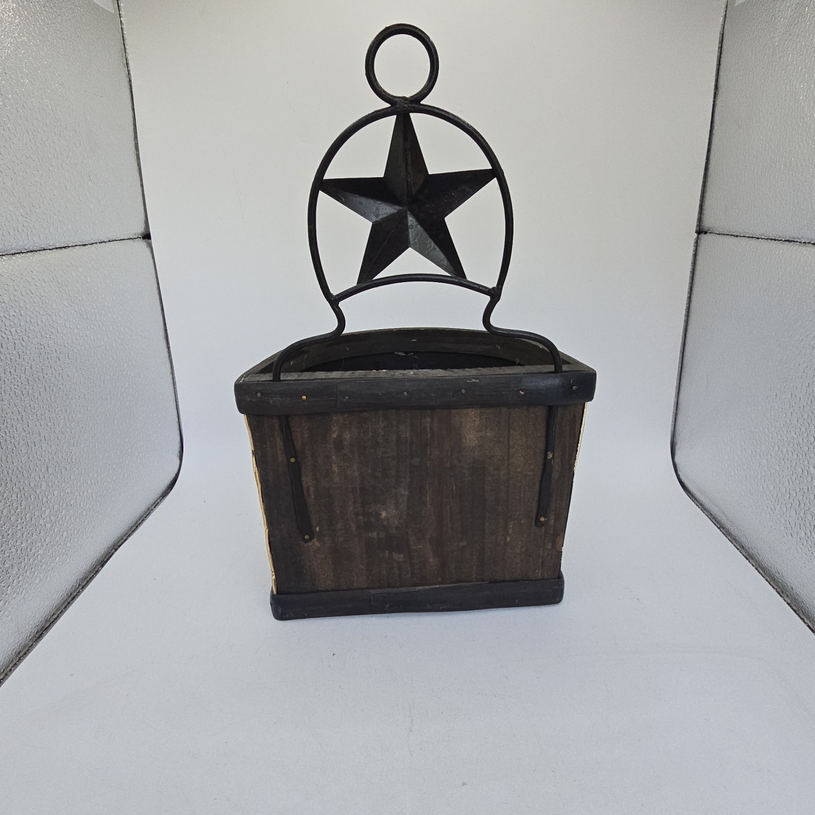Primitive Patriotic Hanging Wood Metal American Flag Box Planter Basket Shelf