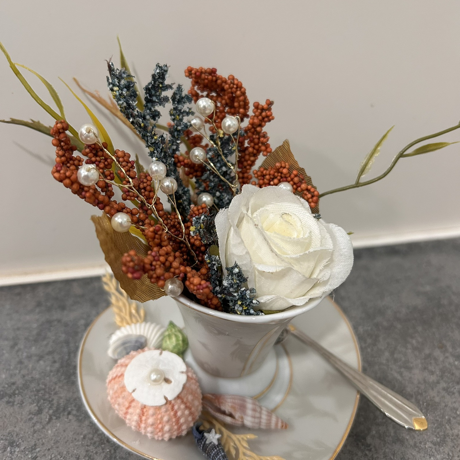 Floral Seashell Assemblage In GMA Fine Porcelain China Tea Cup Saucer Set