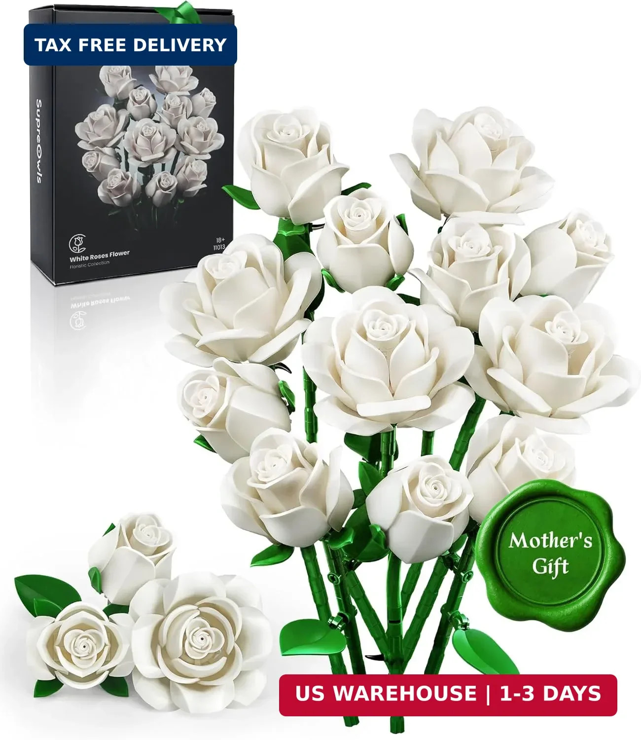 White Rose Bouquet Building Set 12PCS Botanical Flowers Home Decor Gift