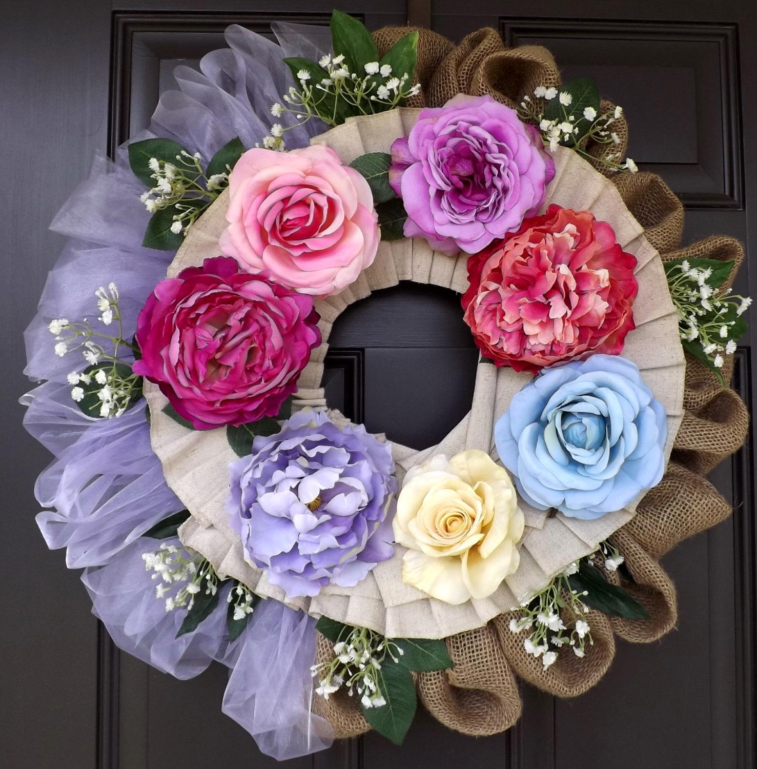 Beautiful wreath,Purple,Yellow, Pink, Blue, Red Roses Wreath, A Perfect GIFT !