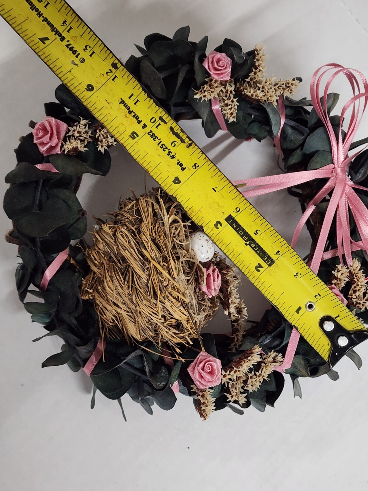Vintage Small Bird Nest Wreath Wall Hanging Cottagecore Floral Pink Ribbon
