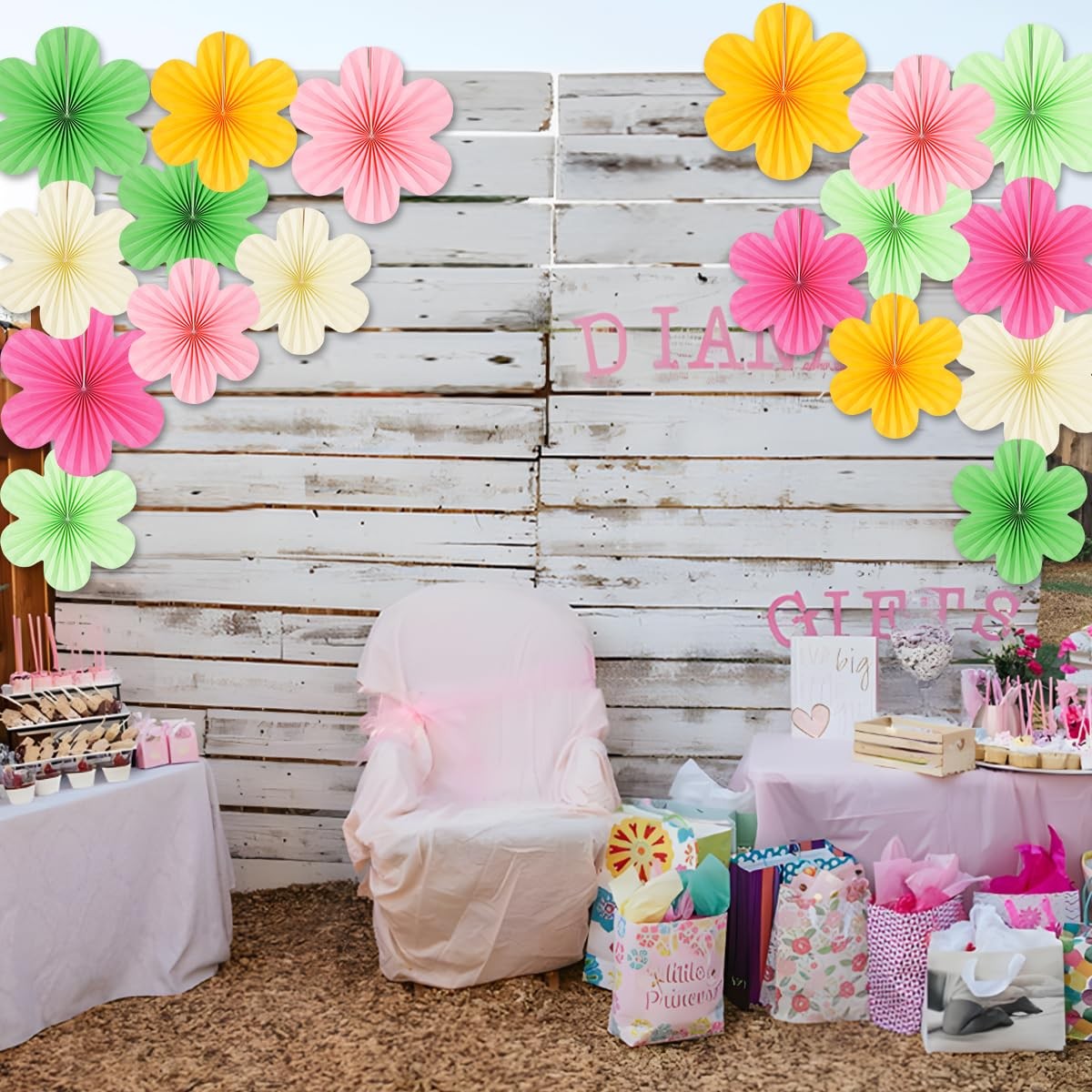 18 PCS Paper Fans Flowers Party Decor Floral Wall Backdrop Pink Green Yellow