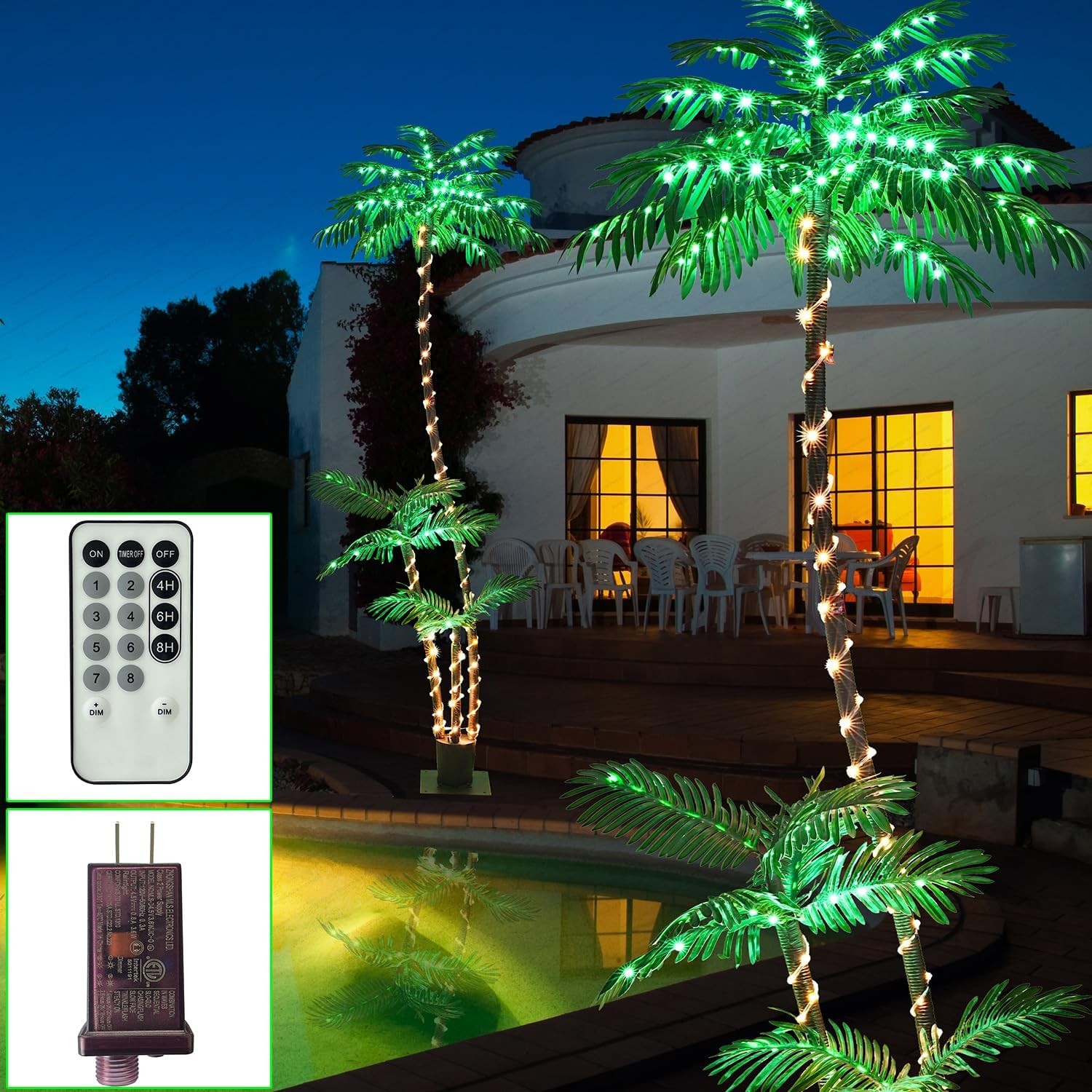 7FT Lighted Artificial Palm Tree with Three Trunks and 260 LED Lights – Green