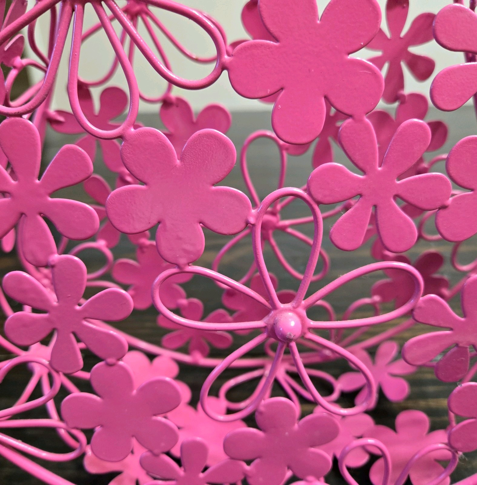 Pink Metal Floral Purse-Basket With Handle-Pink Flowers