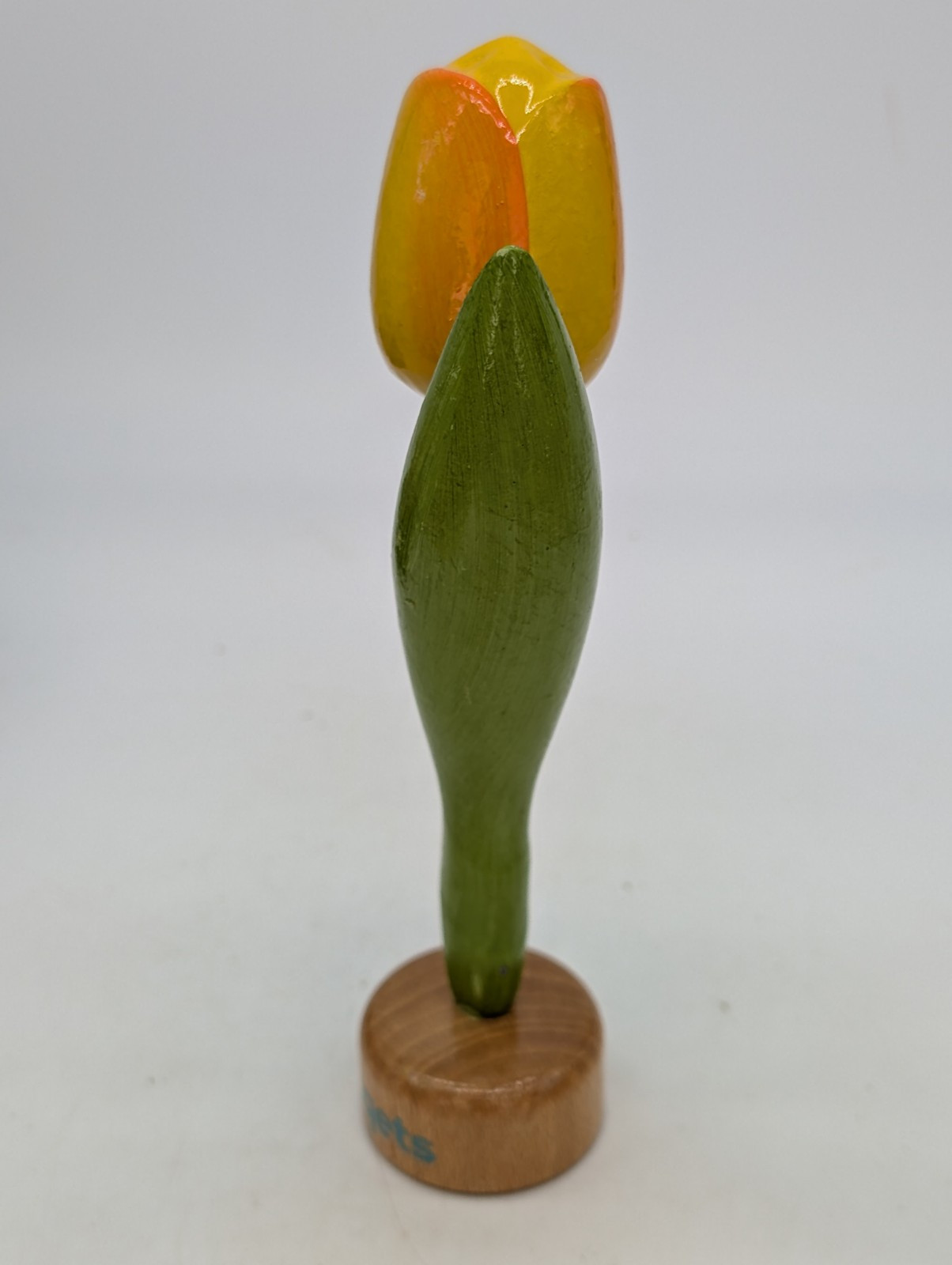 Hand Carved and Painted Wooden Flower Tulip Yellow Tiqets Holland Dutch In Base