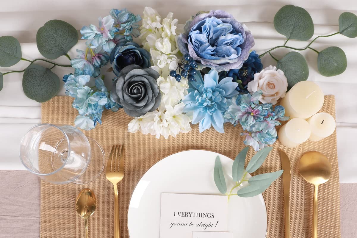 Floweroyal 36 Pcs Artificial Flowers Combo Dusty Blue Flowers Mix Silk Flower…