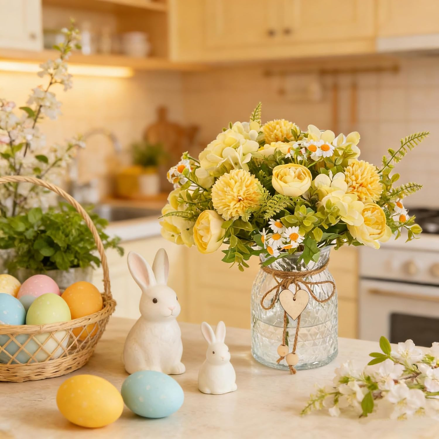 Yellow Faux Flower Arrangement with Vase – Silk Peony & Hydrangeas Centerpiece