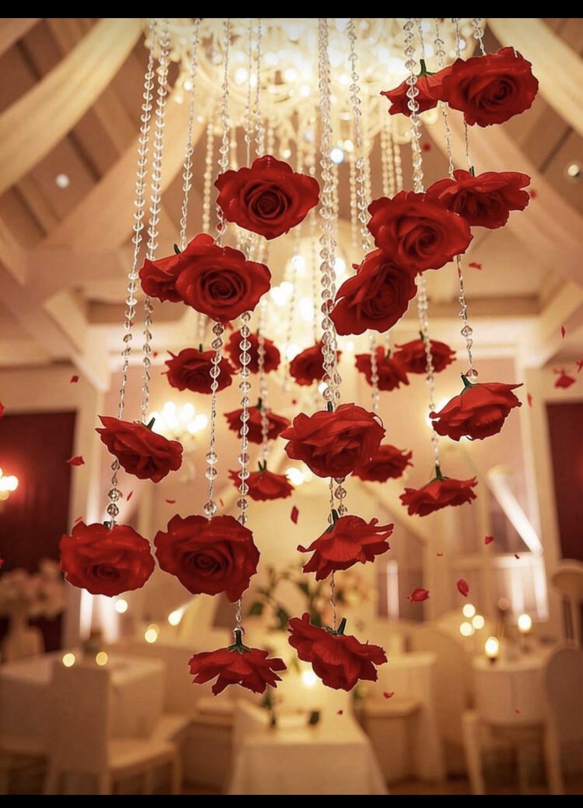 Artificial Red Rose Hanging Decor with Crystal Bead Strands, 7cm Roses 21 pcs