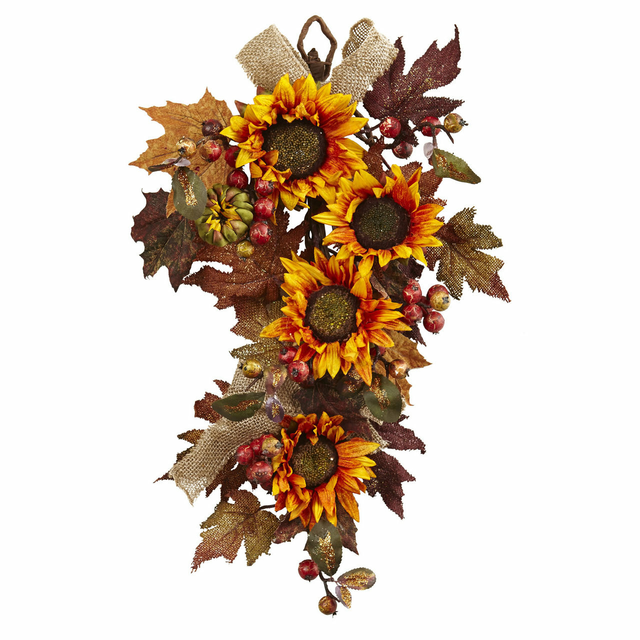 ARTIFICIAL SILK SUNFLOWER & BERRY AUTUMN DECOR FALL FLORAL WALL HANGING WREATH