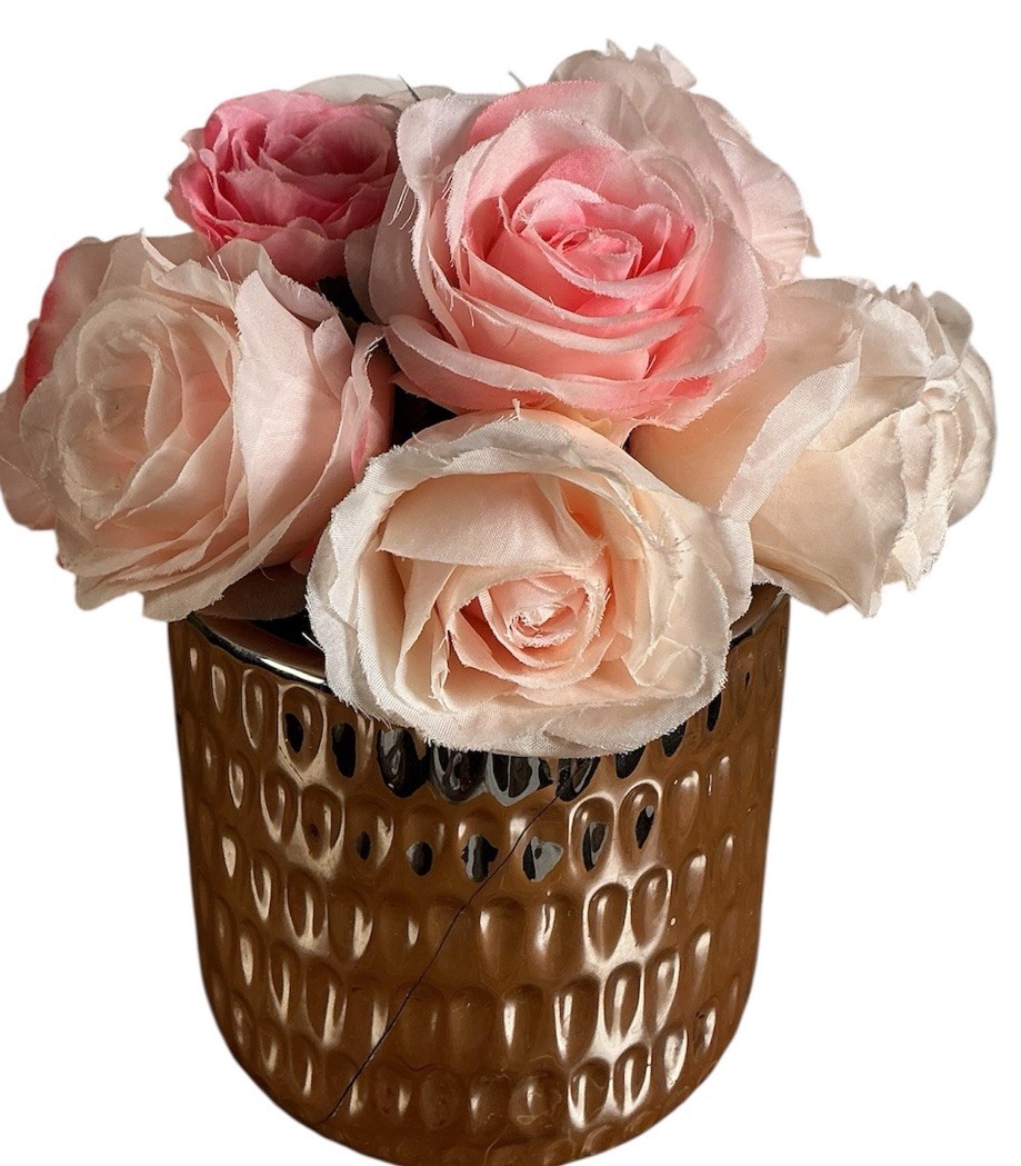 Faux Pink Silk Roses In Homeford Hammerlock Textured Ceramic Pot 12 Roses