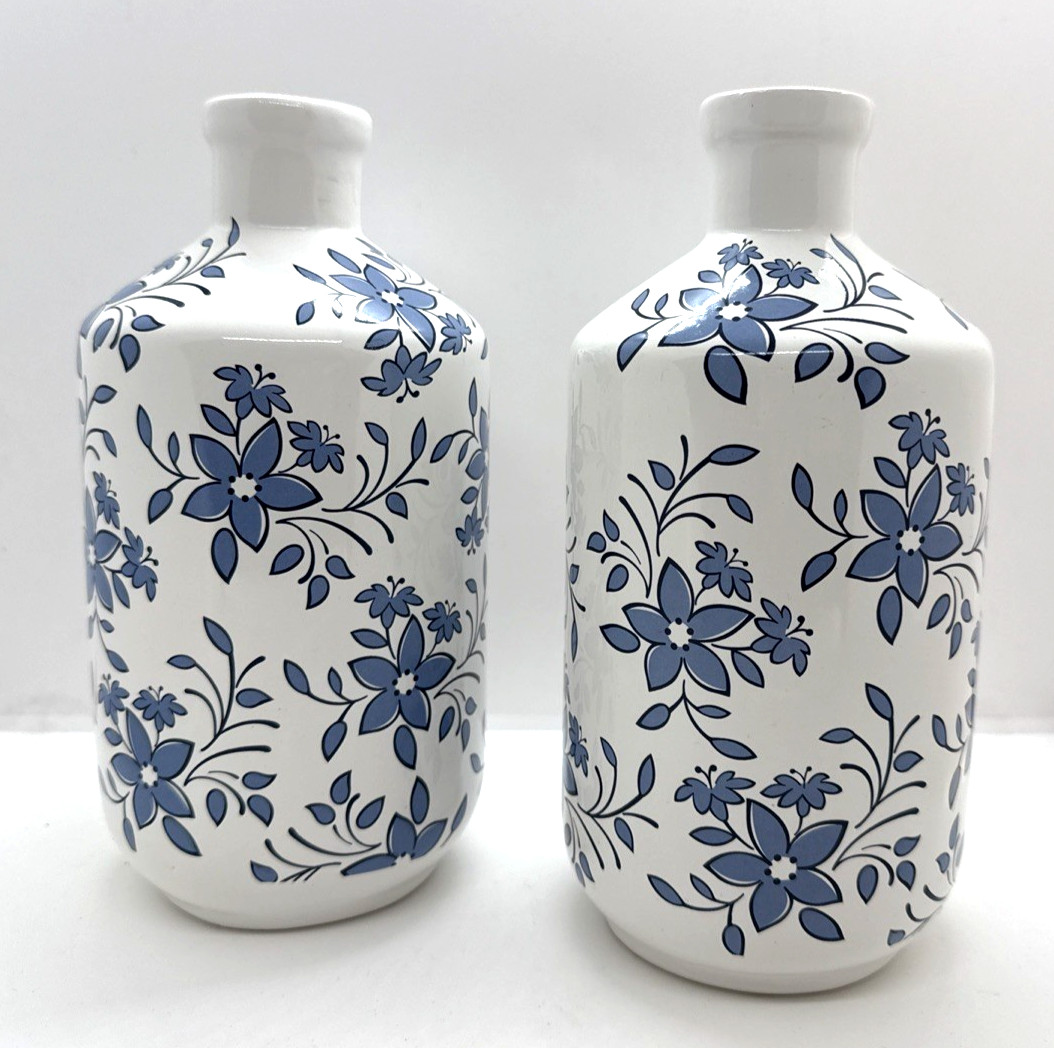 Lot of 2 Vase Floral Blue White Ceramic 8 1/4″ New