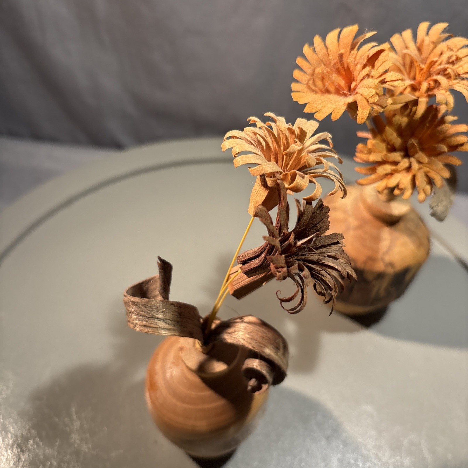 Set Of 2 ~ Wood Shaving Artificial Flowers in wood vase 6″ H Brown Orange Beige
