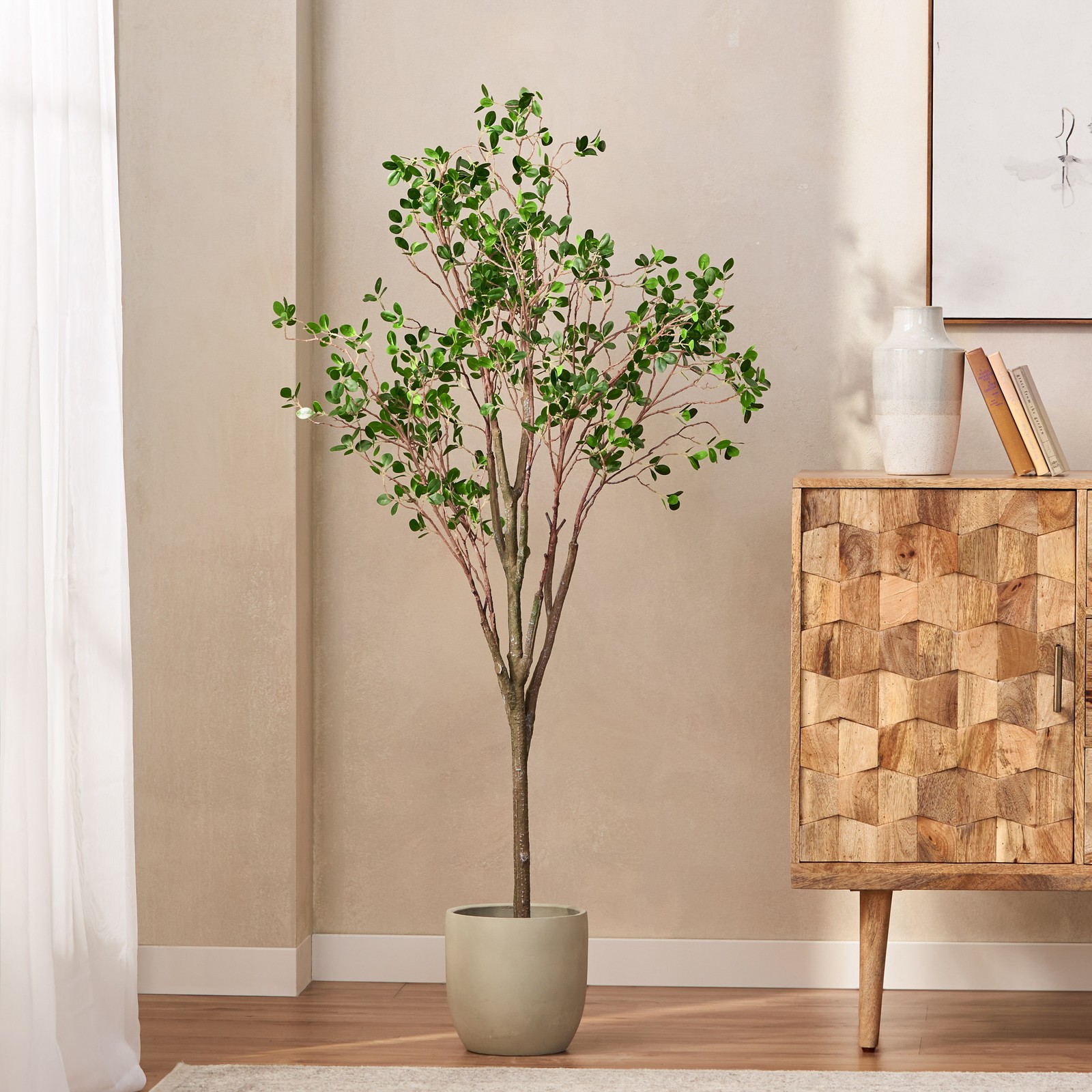 Artificial Leaf Tree 59 Inch Pre-Potted Realistic Faux Plant Indoor Decor